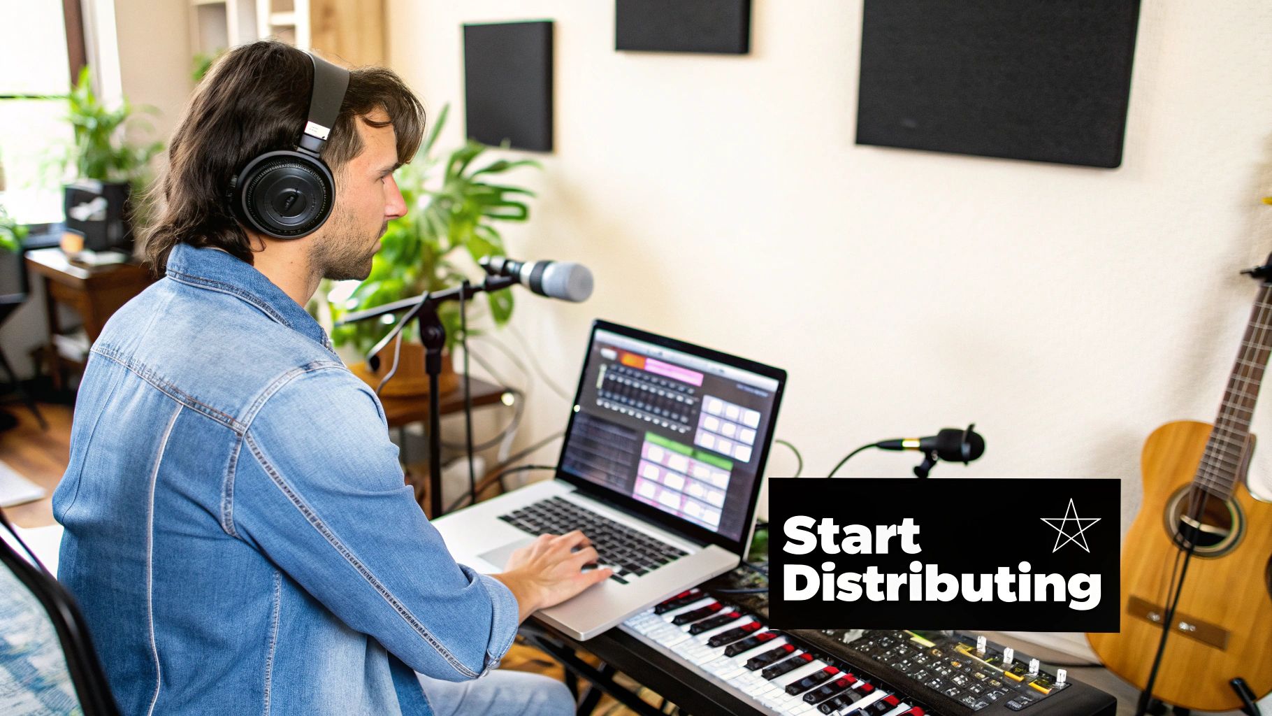 An artist working on their music in a studio, symbolizing the creation process before distribution.