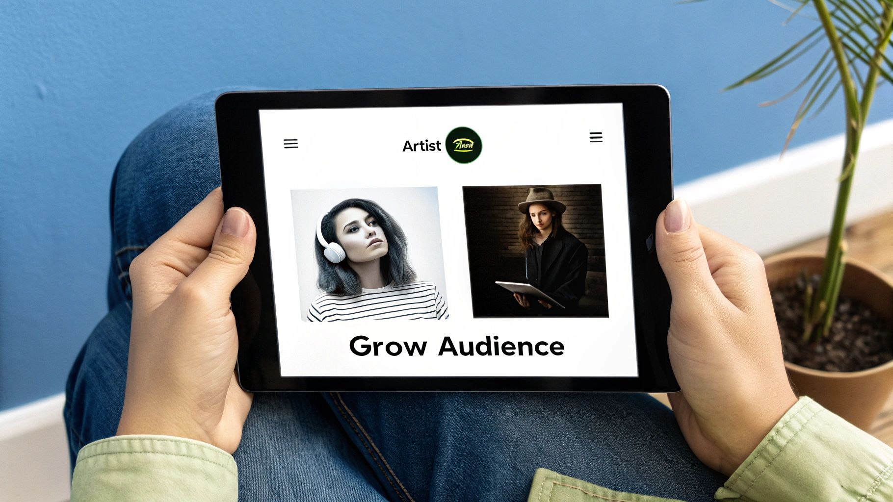 A person holds a tablet displaying an 'Artist' website with images of people and 'Grow Audience' text.