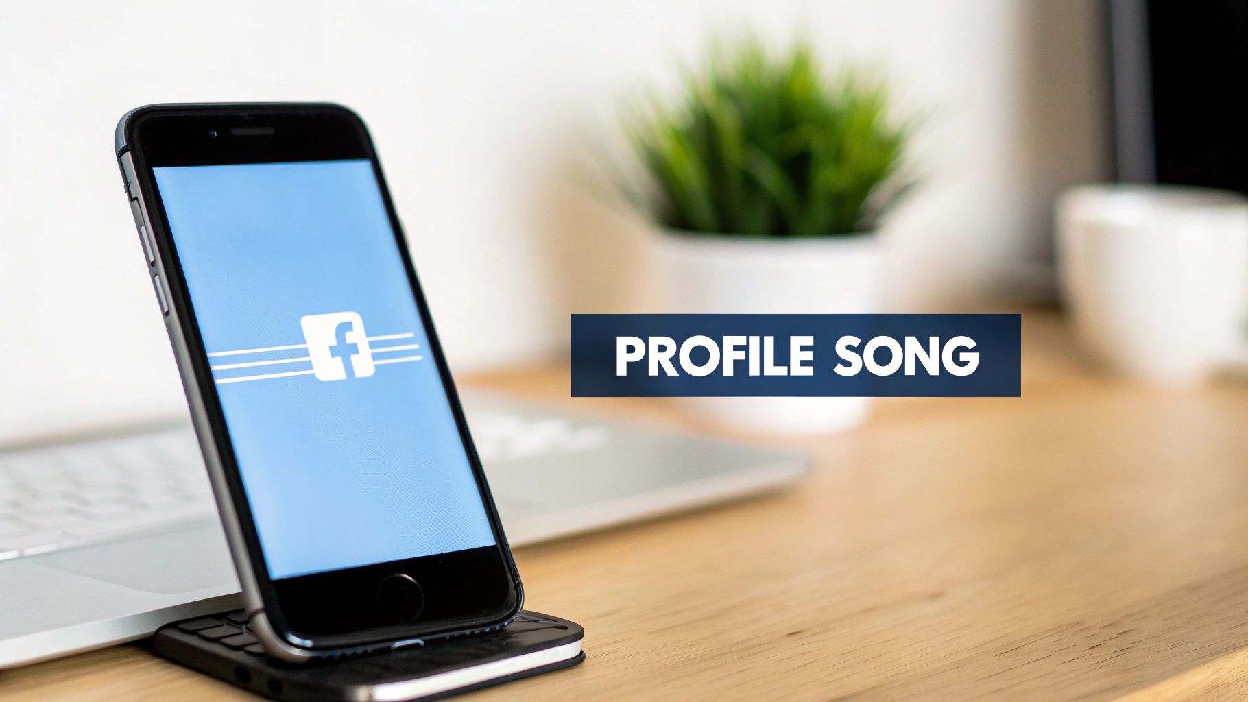 An iPhone displays the Facebook logo on its screen, with a 'PROFILE SONG' banner.