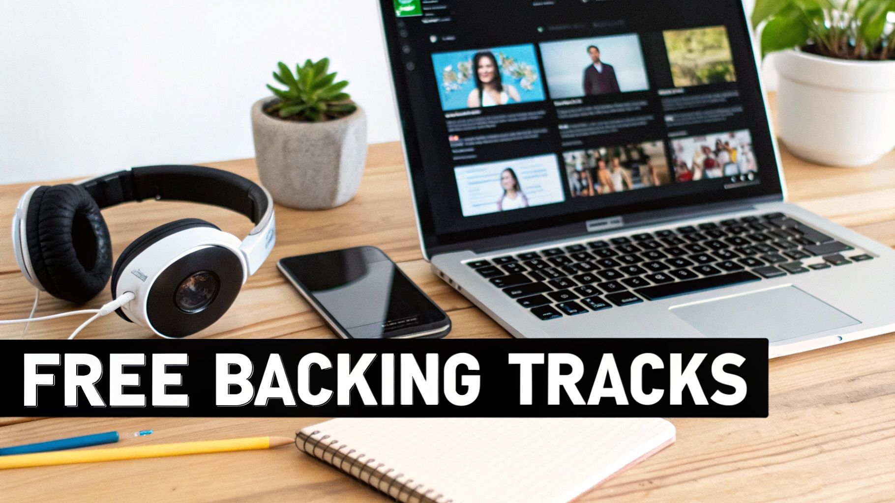 Desk setup with laptop, headphones, phone, and text 'FREE BACKING TRACKS' for music.