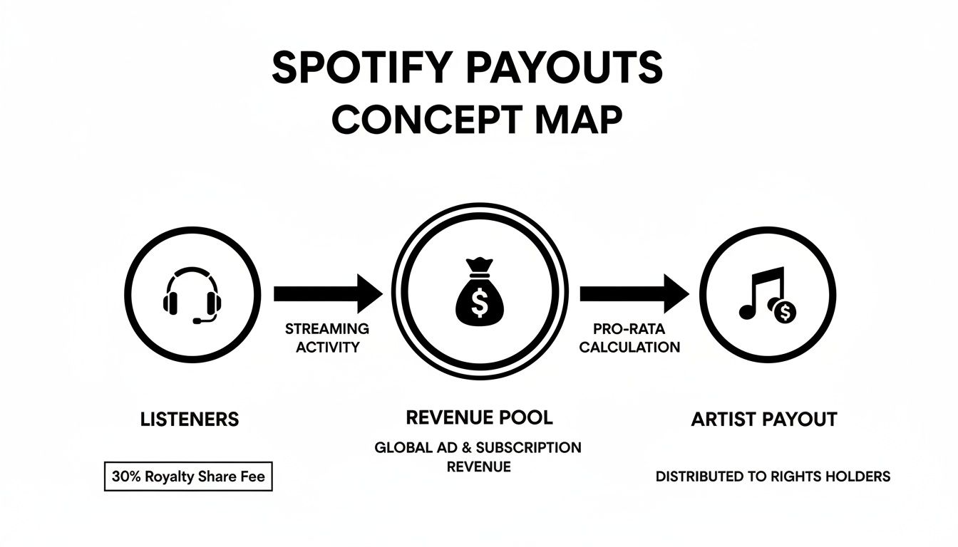 Spotify payouts concept map showing the flow from listeners to artist payouts.