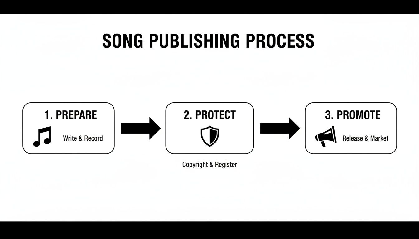 Flowchart illustrating the song publishing process: prepare, protect, and promote music with icons.