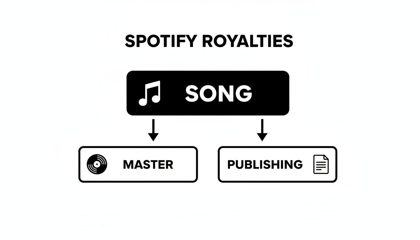 A flowchart titled 'Spotify Royalties' showing a 'Song' splitting into 'Master' and 'Publishing' components.