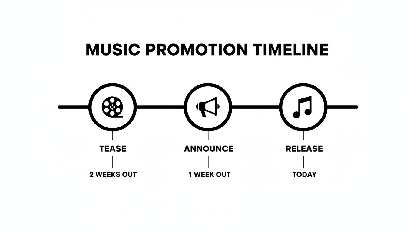 A music promotion timeline detailing three stages: tease (2 weeks out), announce (1 week out), and release (today).