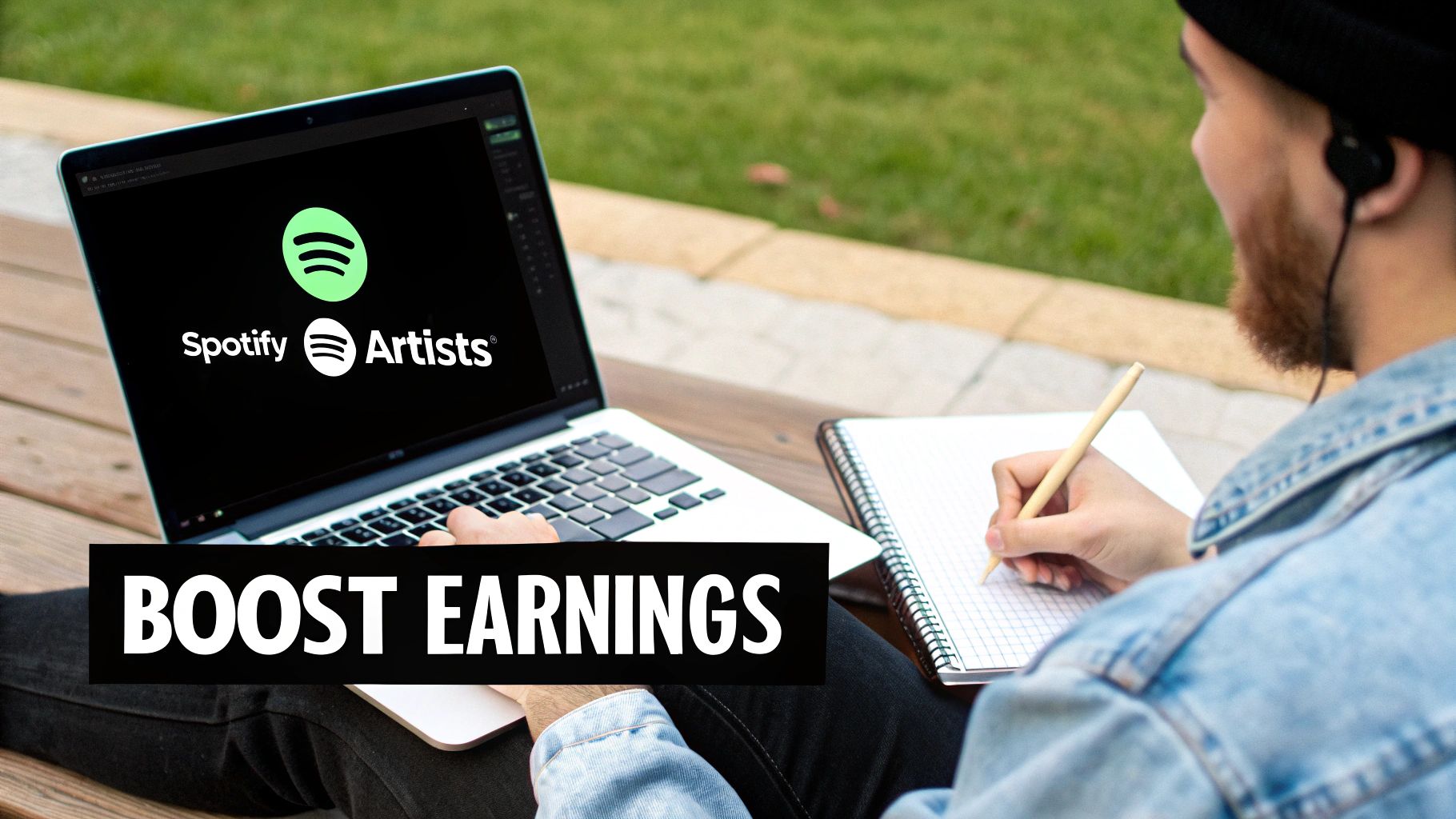An artist working on their music with a laptop and headphones, focused on maximizing their Spotify earnings.