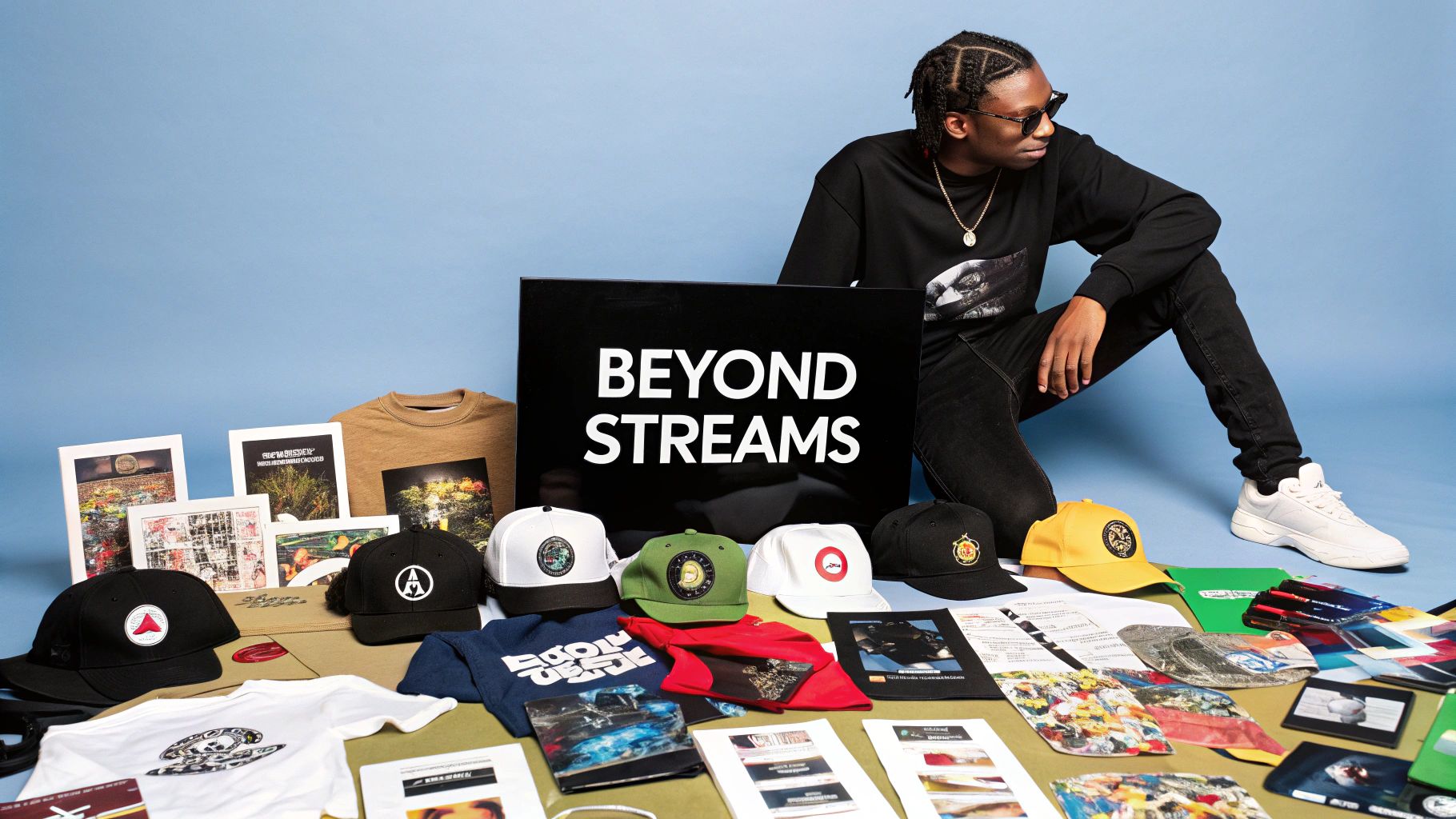 An artist's merchandise table with t-shirts and vinyl records displayed.