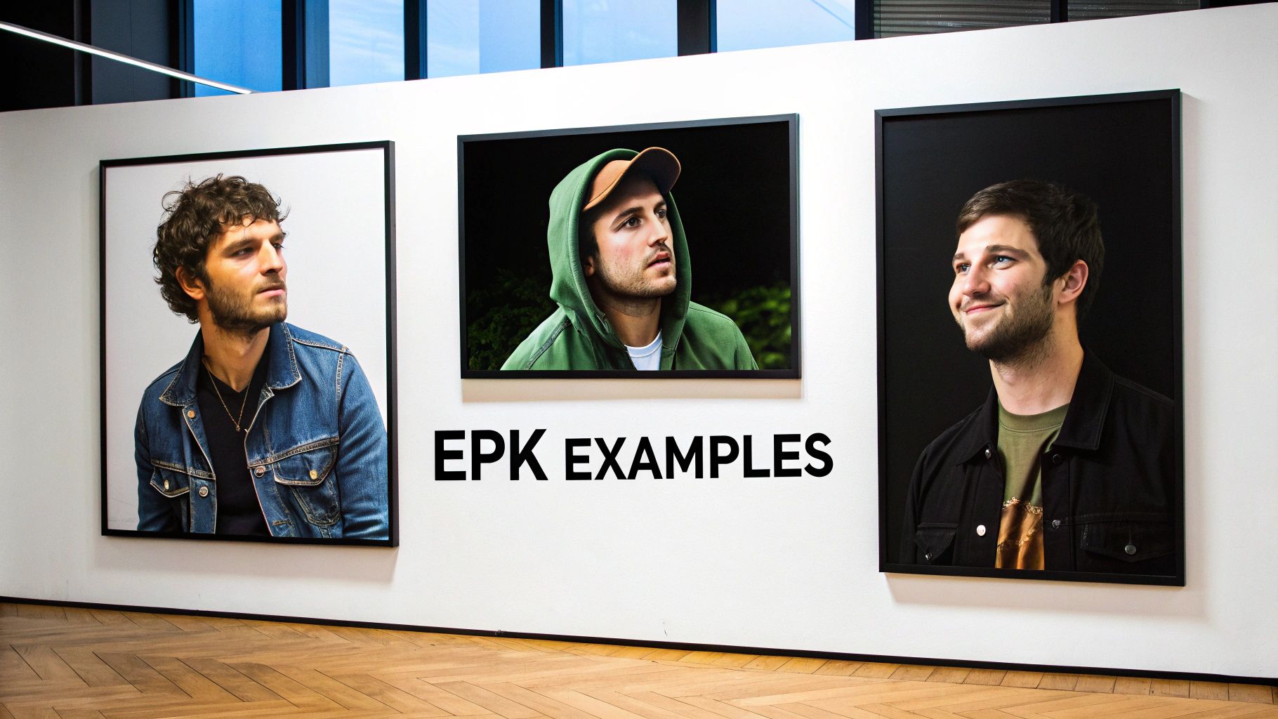 Three framed portraits of young men on a gallery wall, showcasing examples of EPK photos.