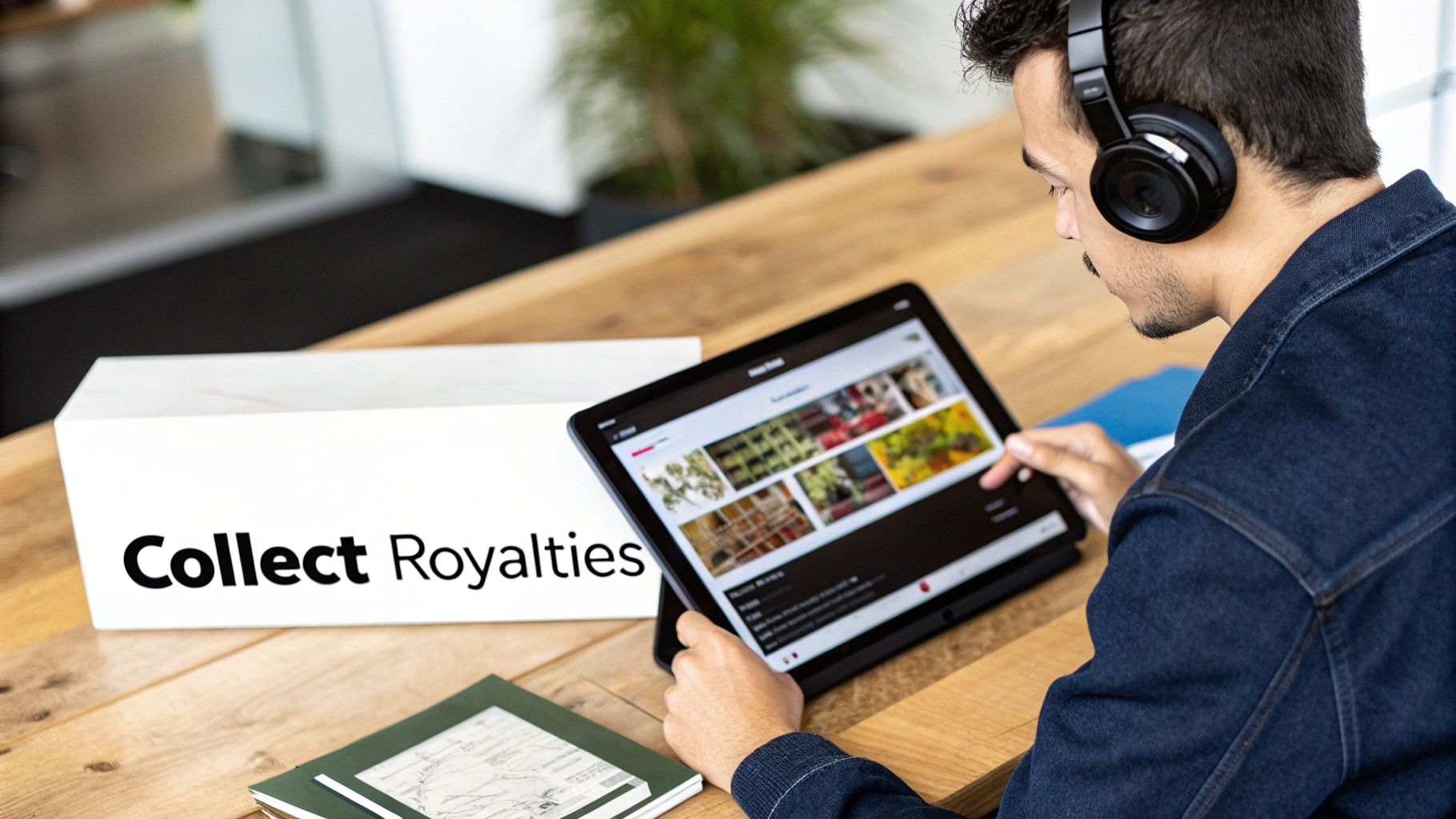 A man in headphones uses a tablet displaying images, next to a box that says 'Collect Royalties'.