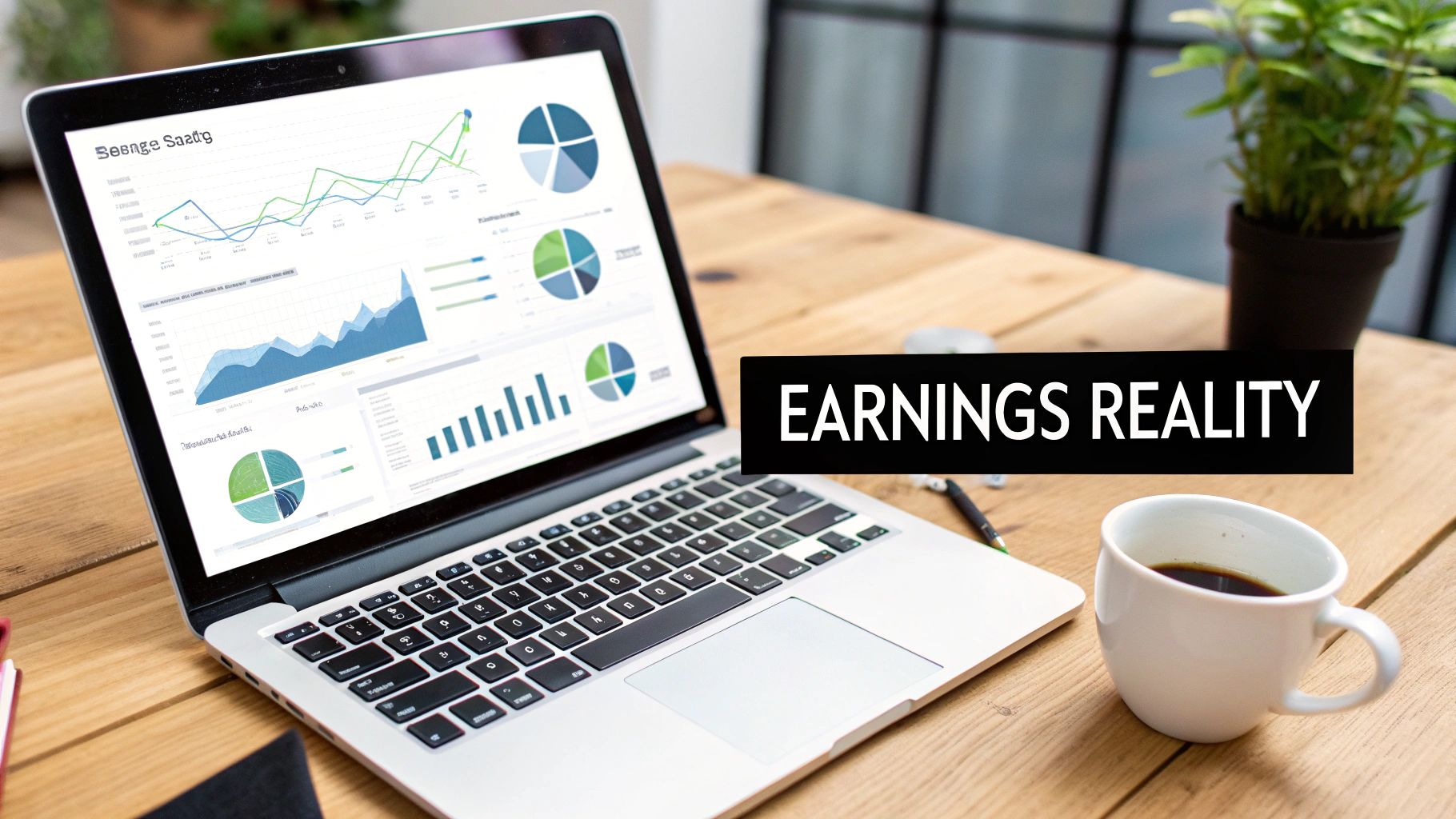 Laptop showing financial charts and data on a wooden desk with a coffee cup and 'EARNINGS REALITY' text.