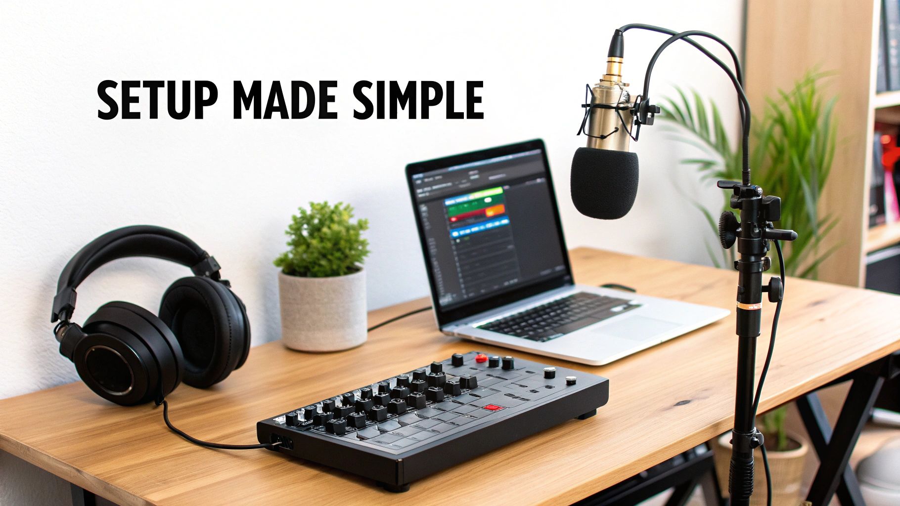 A simple home audio recording setup with a microphone, laptop, headphones, and mixer on a desk.