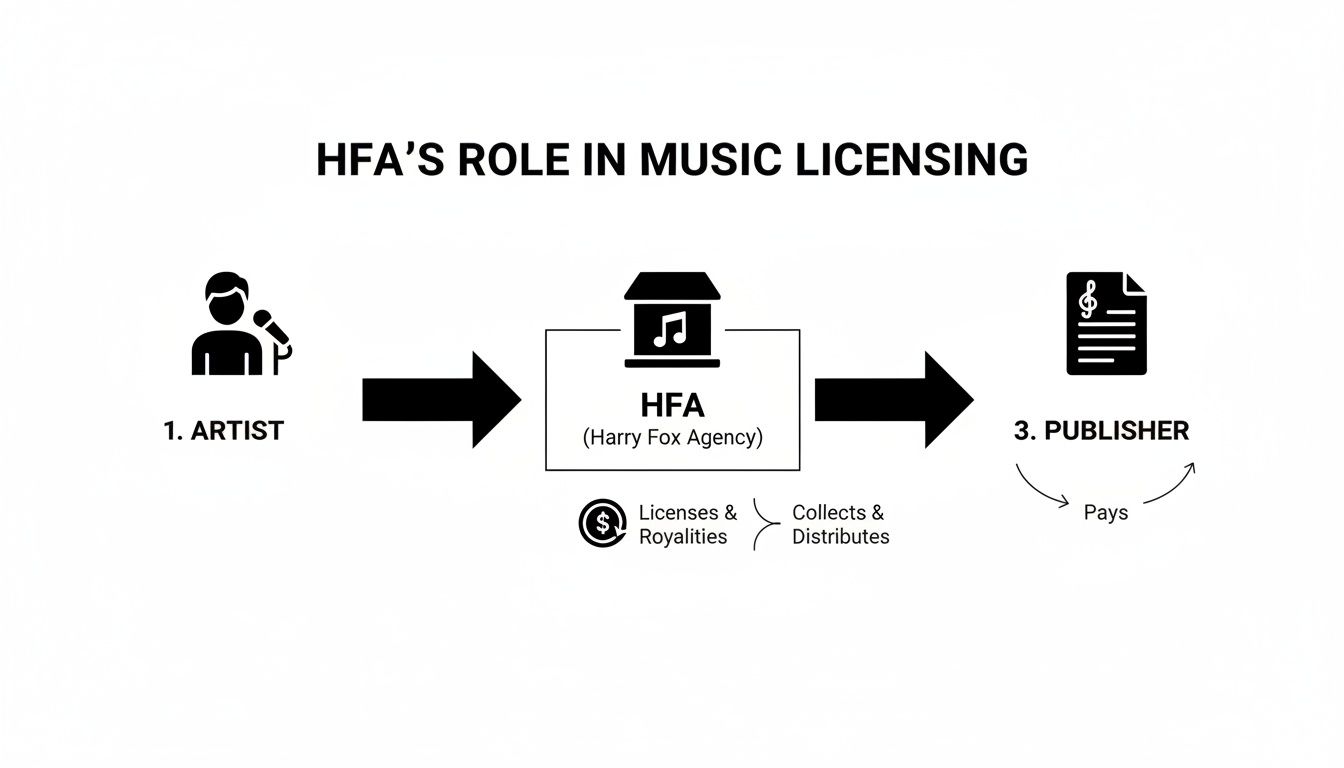Flowchart showing HFA's role in music licensing, connecting artists and publishers through royalties.