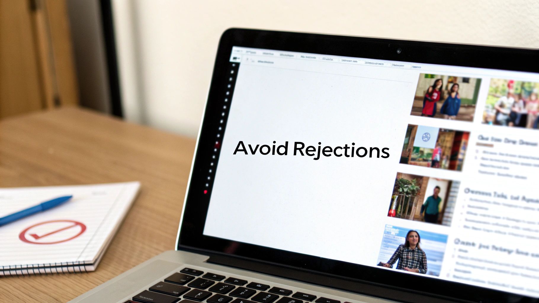 Laptop on a wooden desk with "Avoid Rejections" on screen, next to a notebook and blue pen.