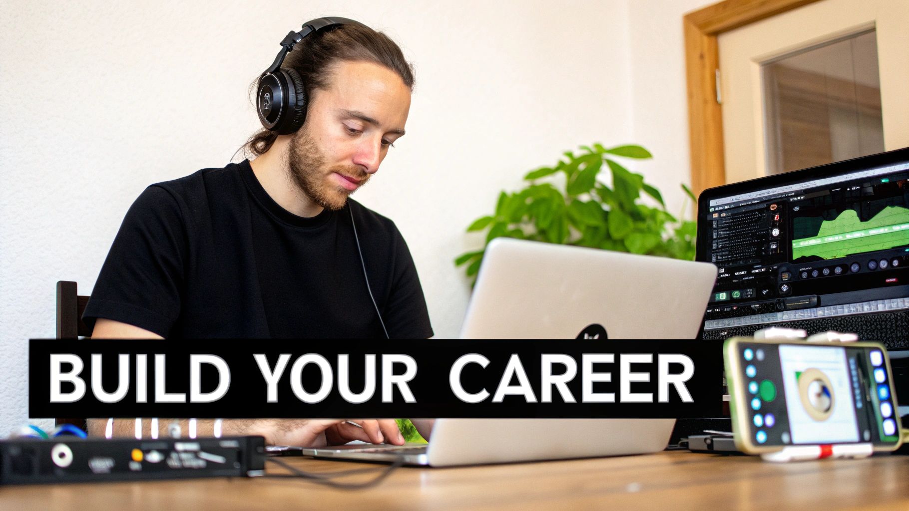 A man with headphones is focused on his laptop and multiple screens, working on music production to build his career.