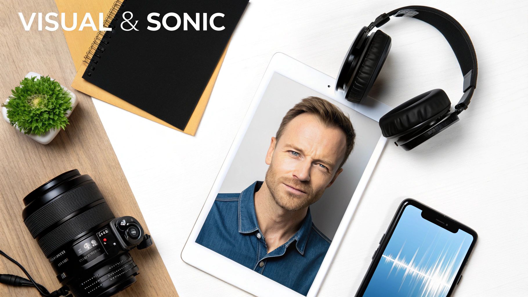 Flat lay of camera, tablet with portrait, headphones, and phone with sound wave, representing visual and sonic media.