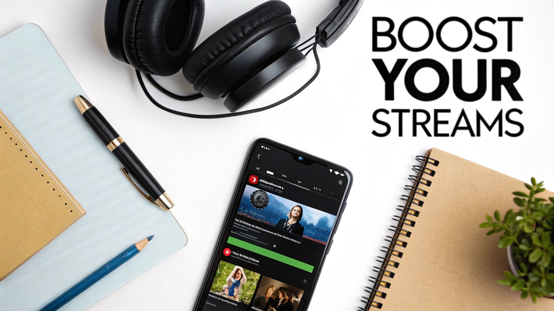Flat lay of headphones, a smartphone showing streaming content, notebooks, pen, and 'BOOST YOUR STREAMS' text.