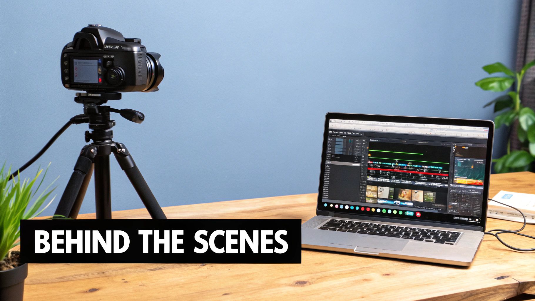 A camera on a tripod next to a laptop displaying video editing software on a wooden desk.
