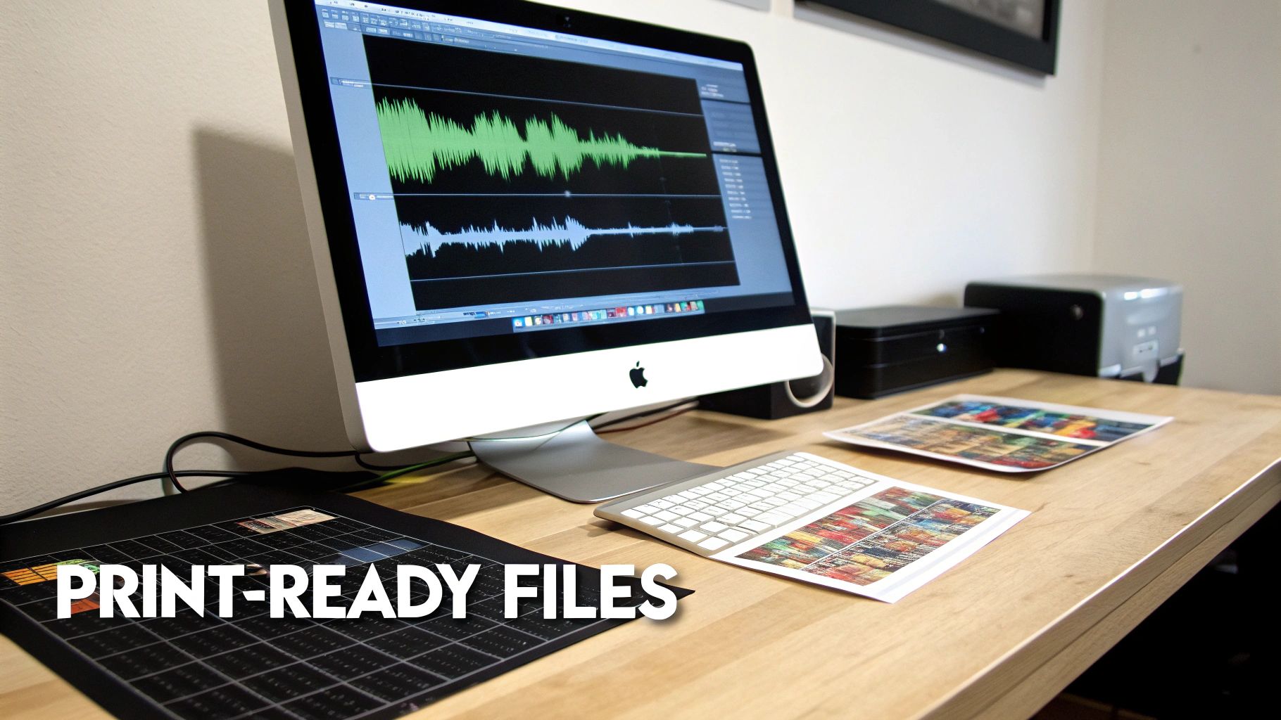 A creative workspace featuring an iMac with audio waveforms, keyboard, and colorful print proofs for CD artwork.