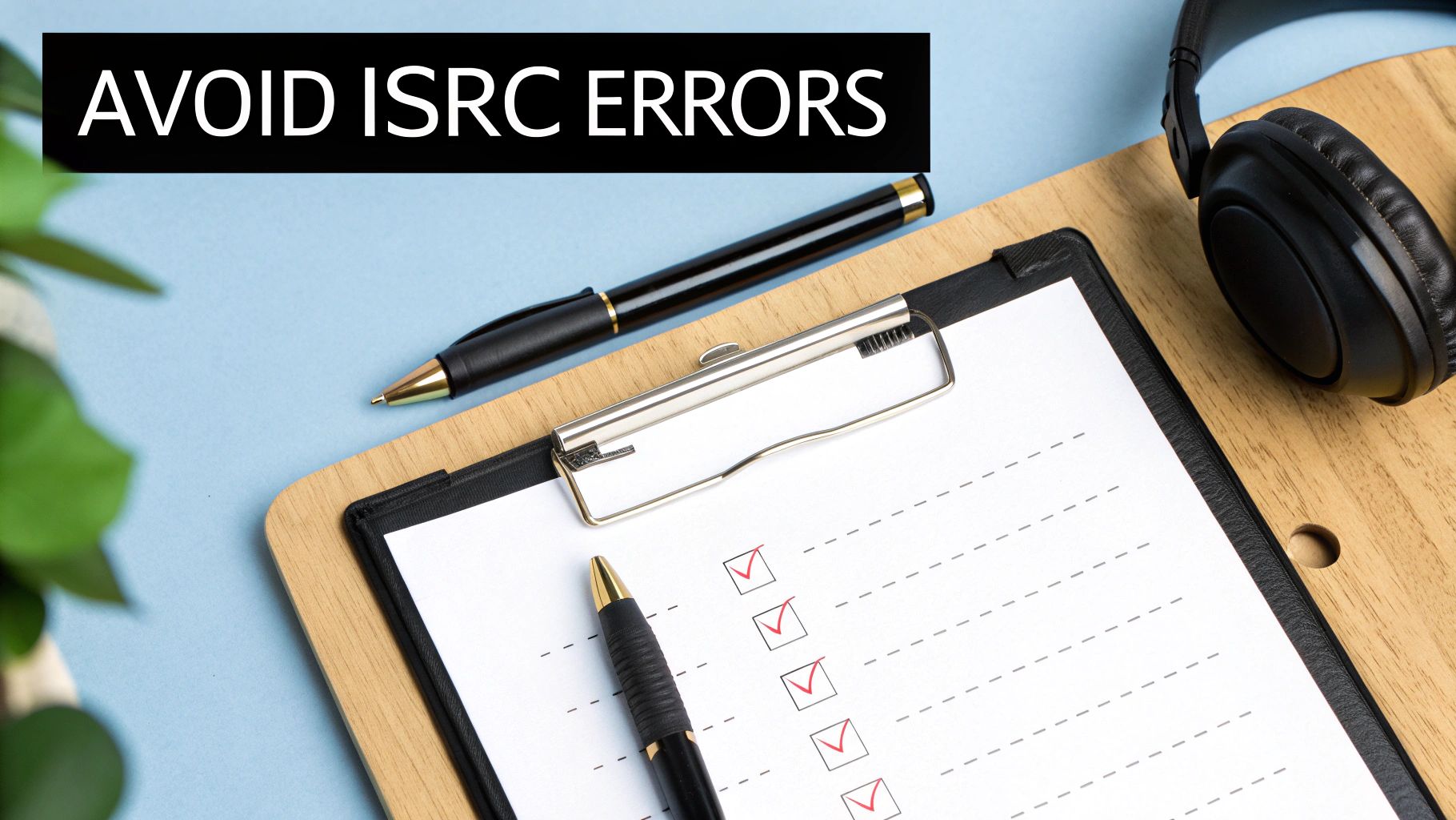 A clipboard with a checklist, pens, and headphones on a blue background, displaying 'AVOID ISRC ERRORS' text.