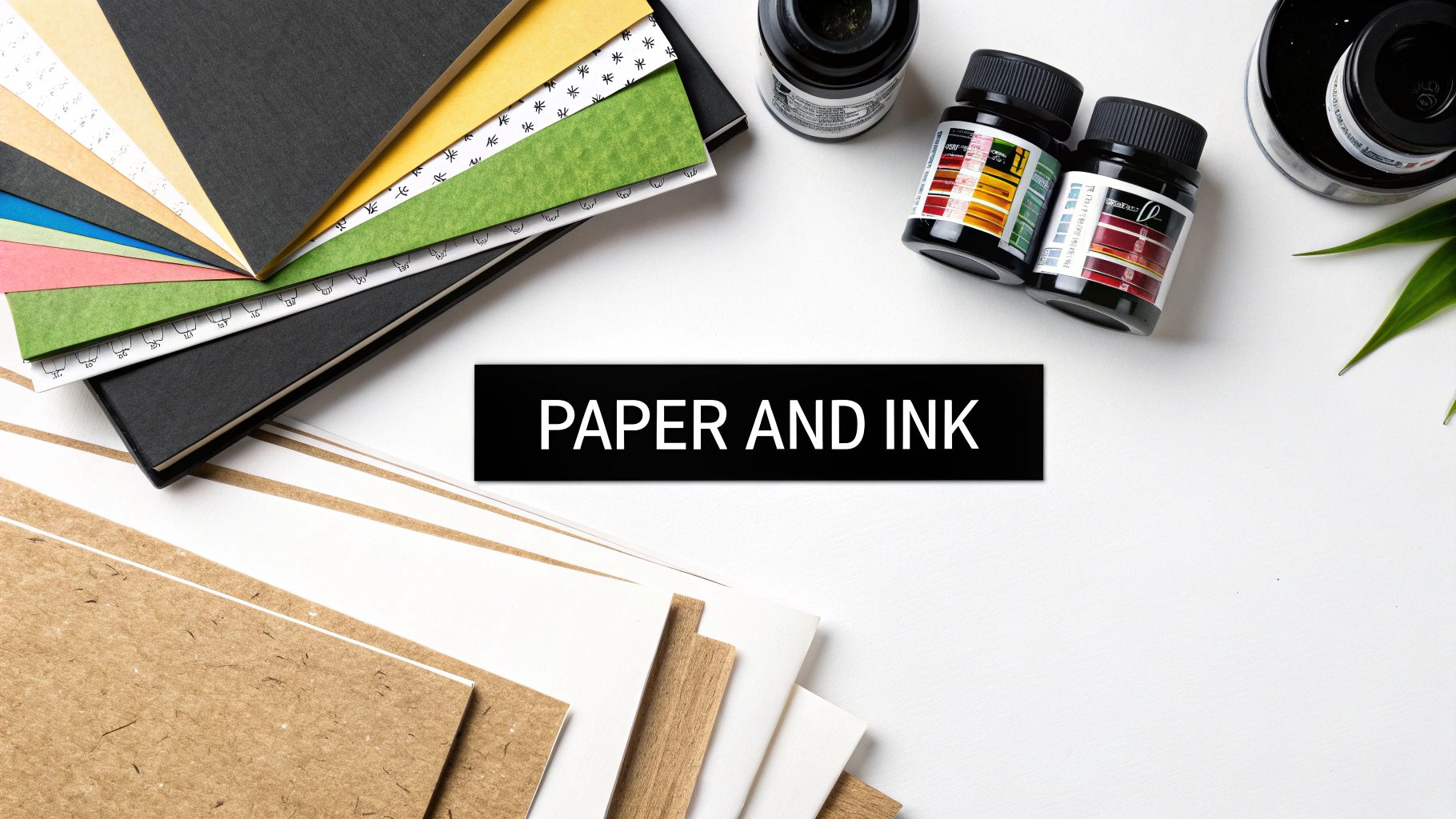 A flat lay of colorful paper stacks, craft paper, black notebooks, and ink bottles on a white background.