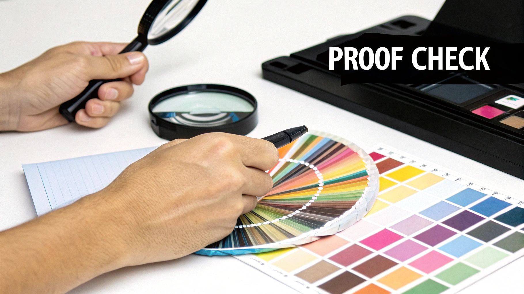 Hands performing a proof check with a magnifying glass, color swatches, and charts.