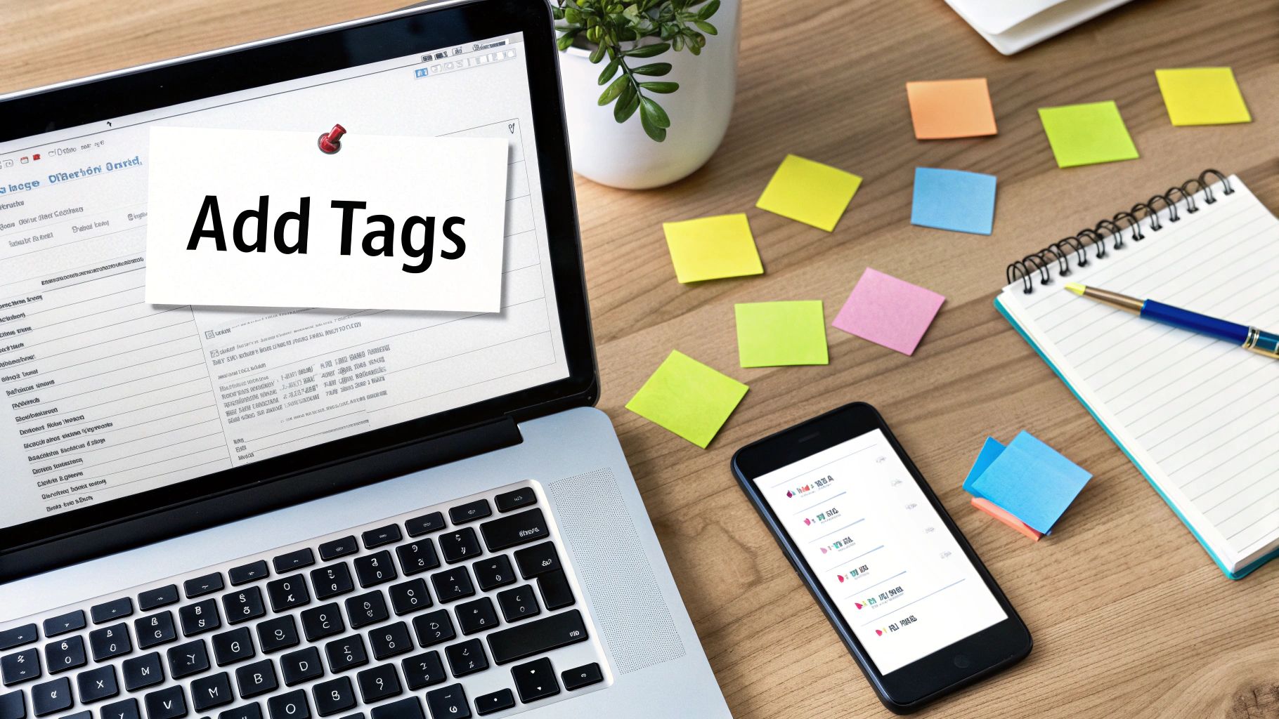 A laptop displaying 'Add Tags' on a sticky note, surrounded by colorful memos and a smartphone on a wooden desk.