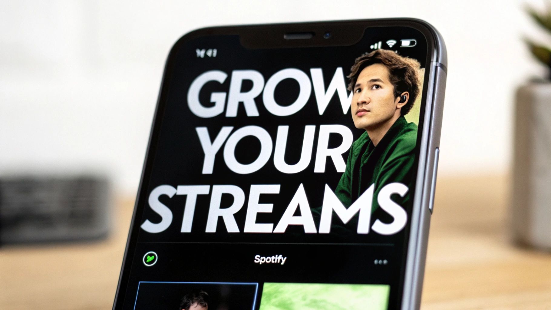 A smartphone displays the Spotify app with "GROW YOUR STREAMS" text and a man wearing earbuds.