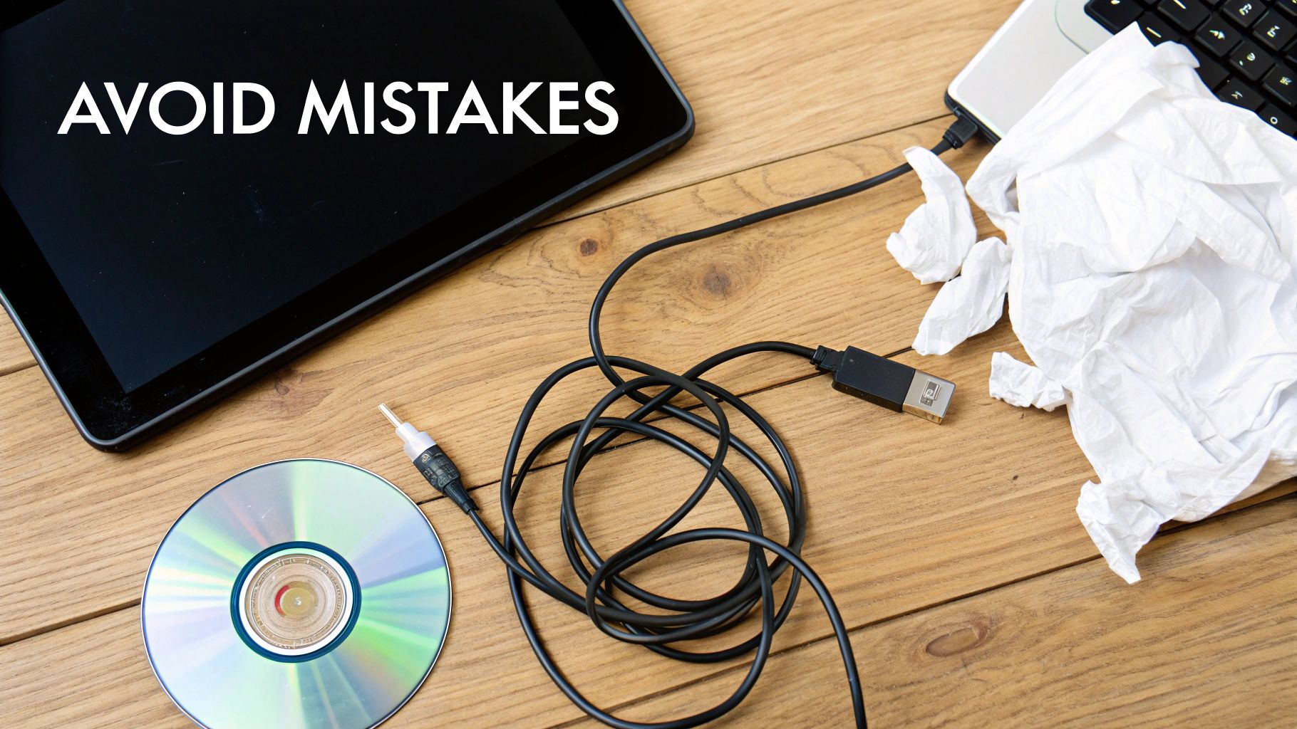 Overhead shot of a wooden desk with a tablet displaying 'AVOID MISTAKES', laptop, cable, flash drive, and CD.