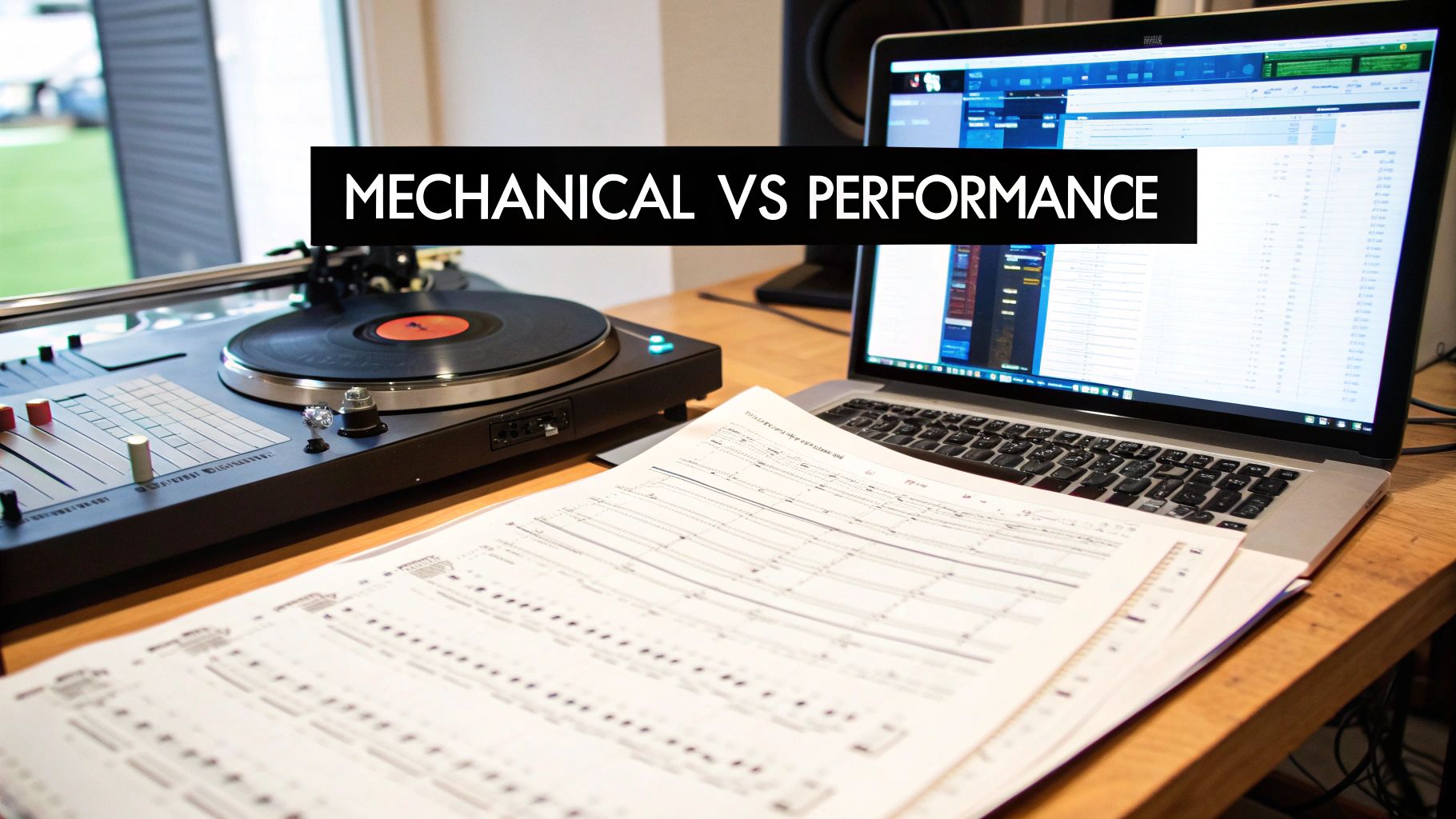 A professional music production setup with a turntable, laptop displaying software, and sheet music on a wooden desk.