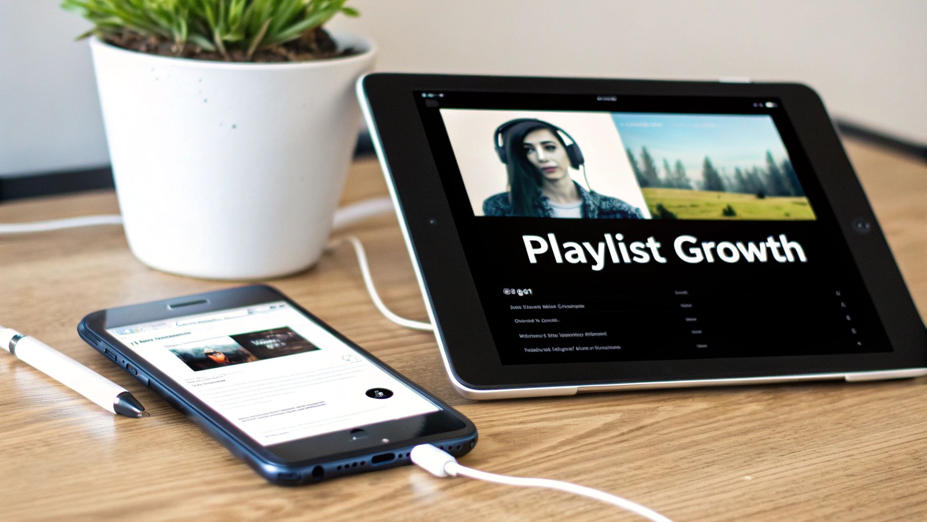 A tablet and smartphone displaying music playlists, a plant, and a pen on a wooden table.