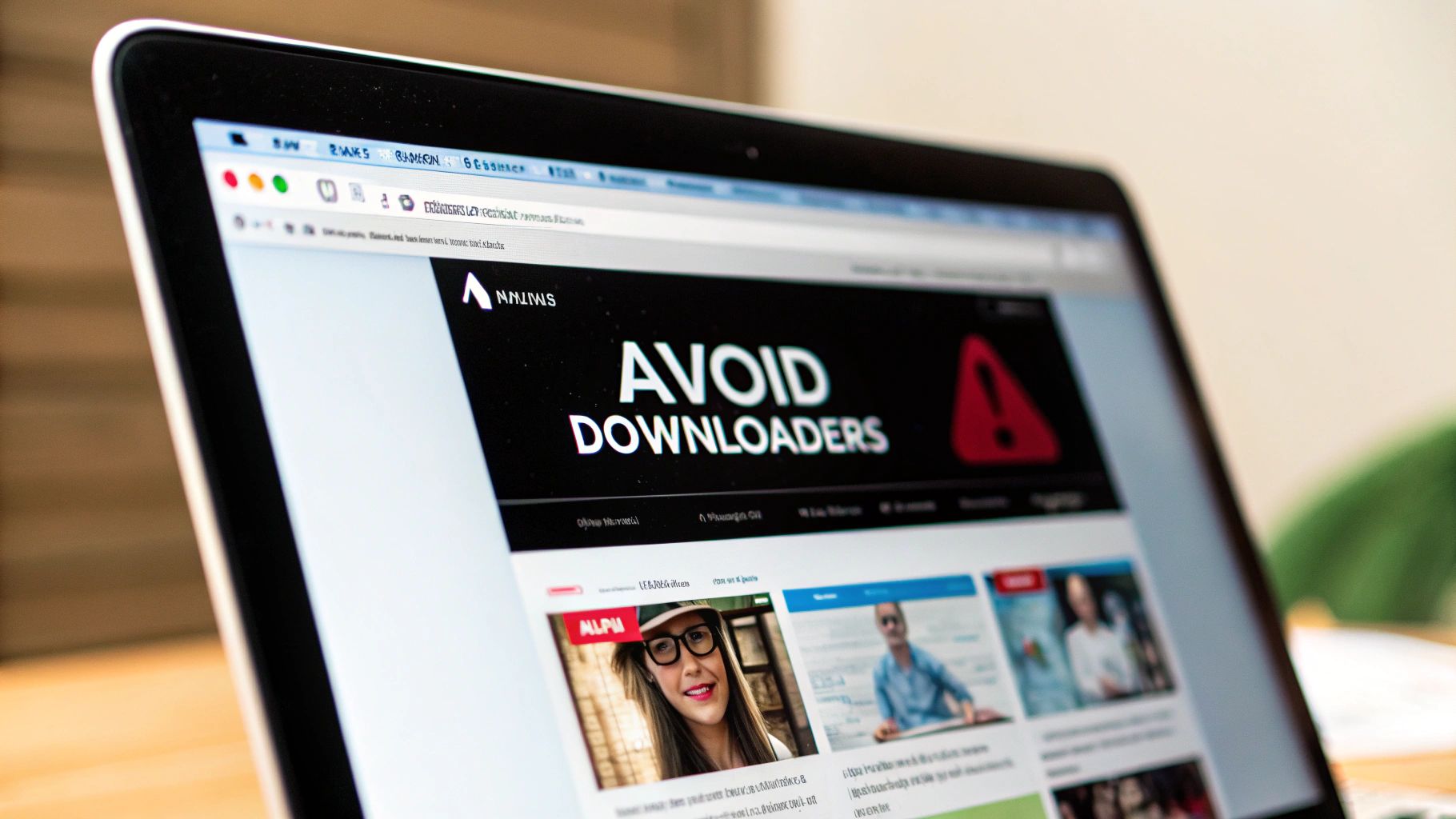 A laptop displays a webpage featuring a prominent warning about downloaders and several article previews.