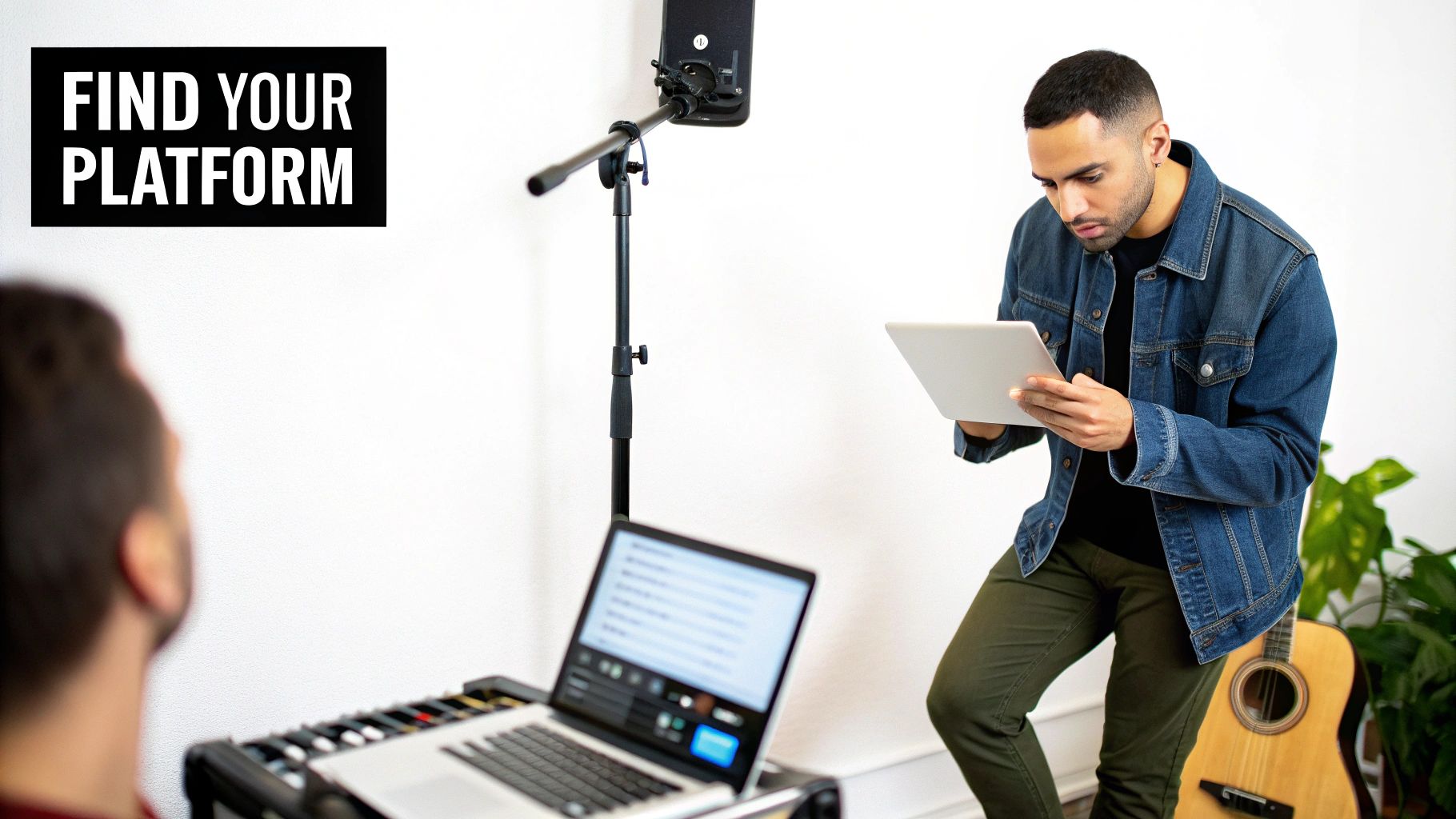 A man reviews content on a tablet in a music studio, with a microphone, laptop, and guitar nearby.