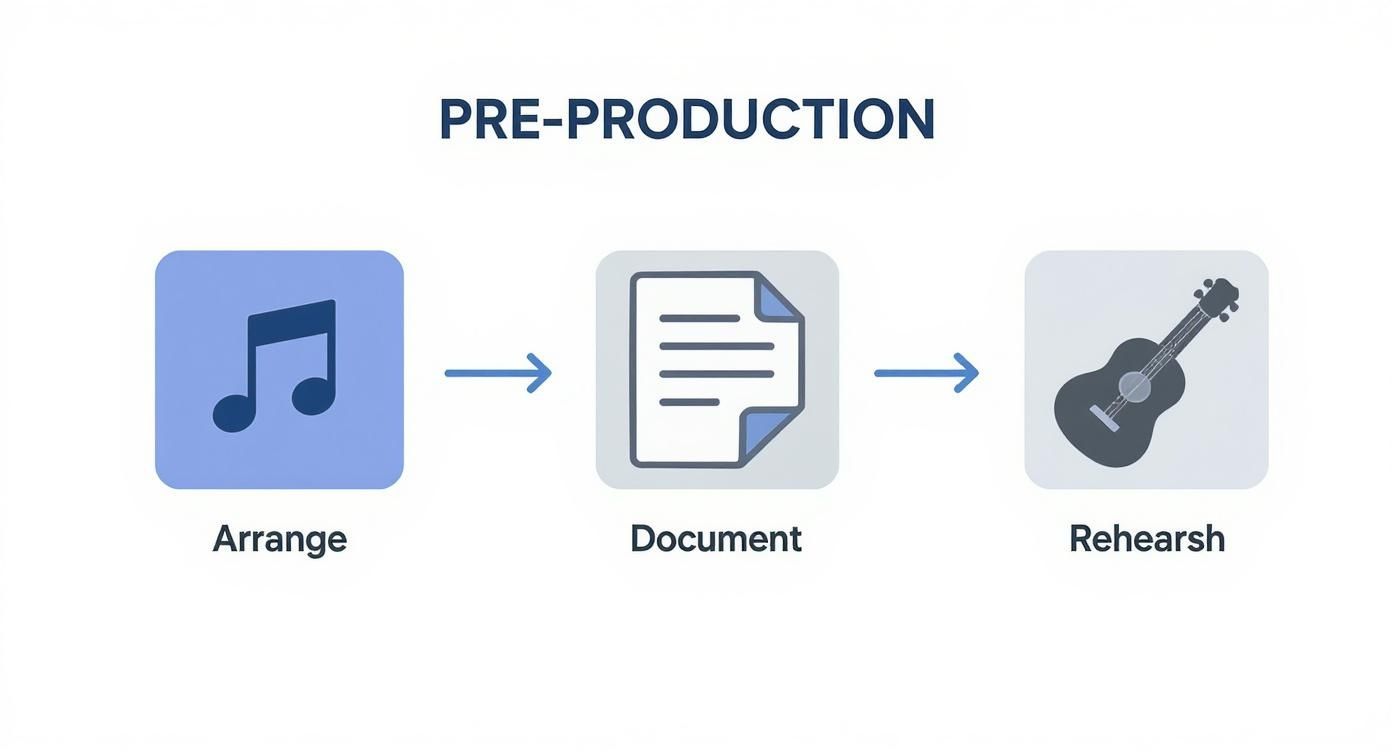 Pre-production workflow diagram showing three stages: arrange music, document plans, and rehearse with guitar