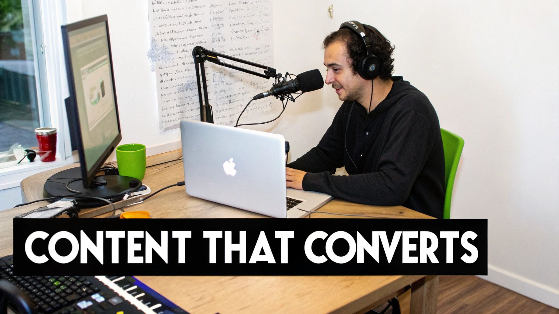 A man records a podcast at a desk with a laptop and microphone, overlay text reads 'CONTENT THAT CONVERTS'.