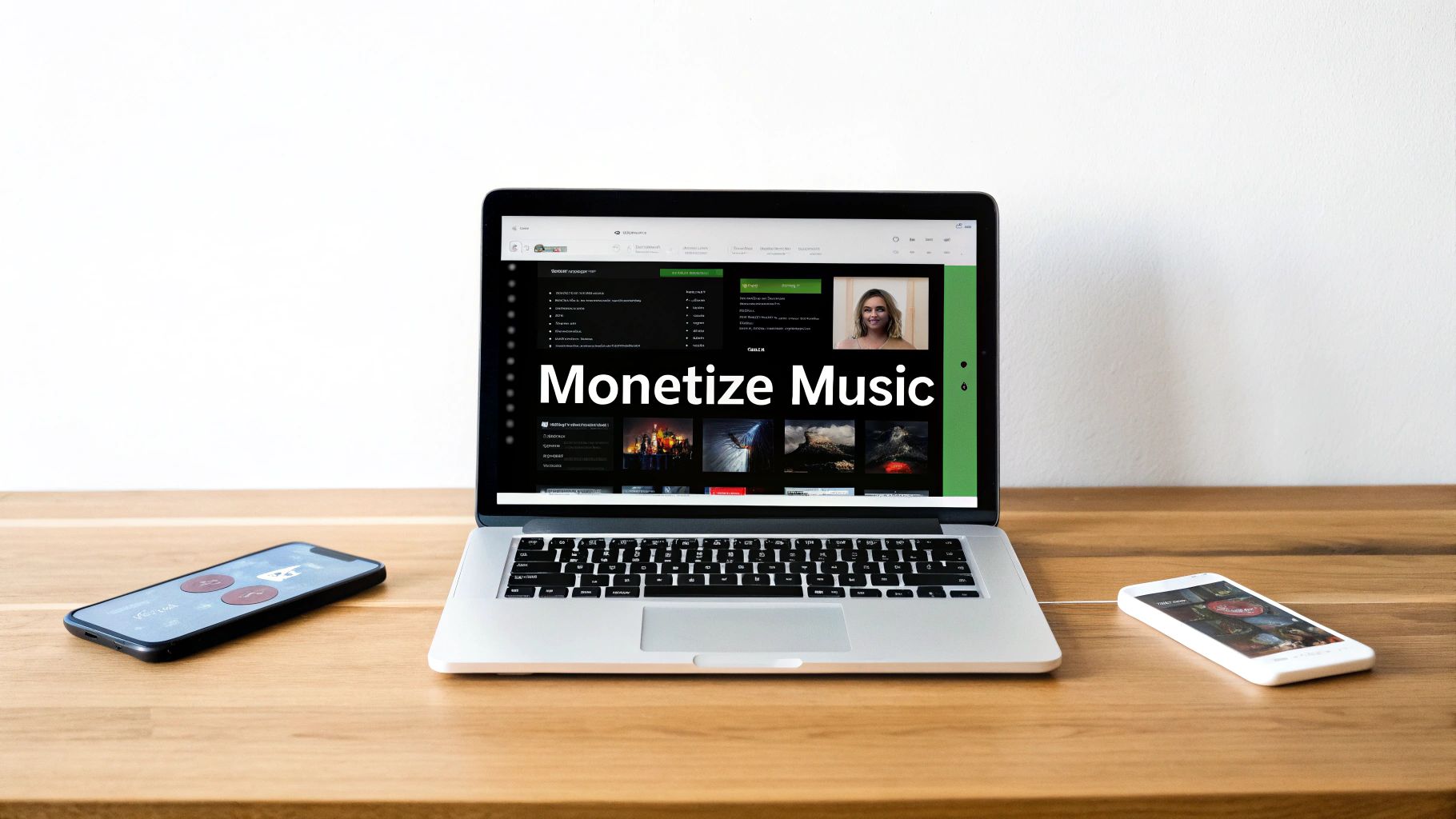 A laptop displays 'Monetize Music' on its screen, flanked by two smartphones on a wooden desk.