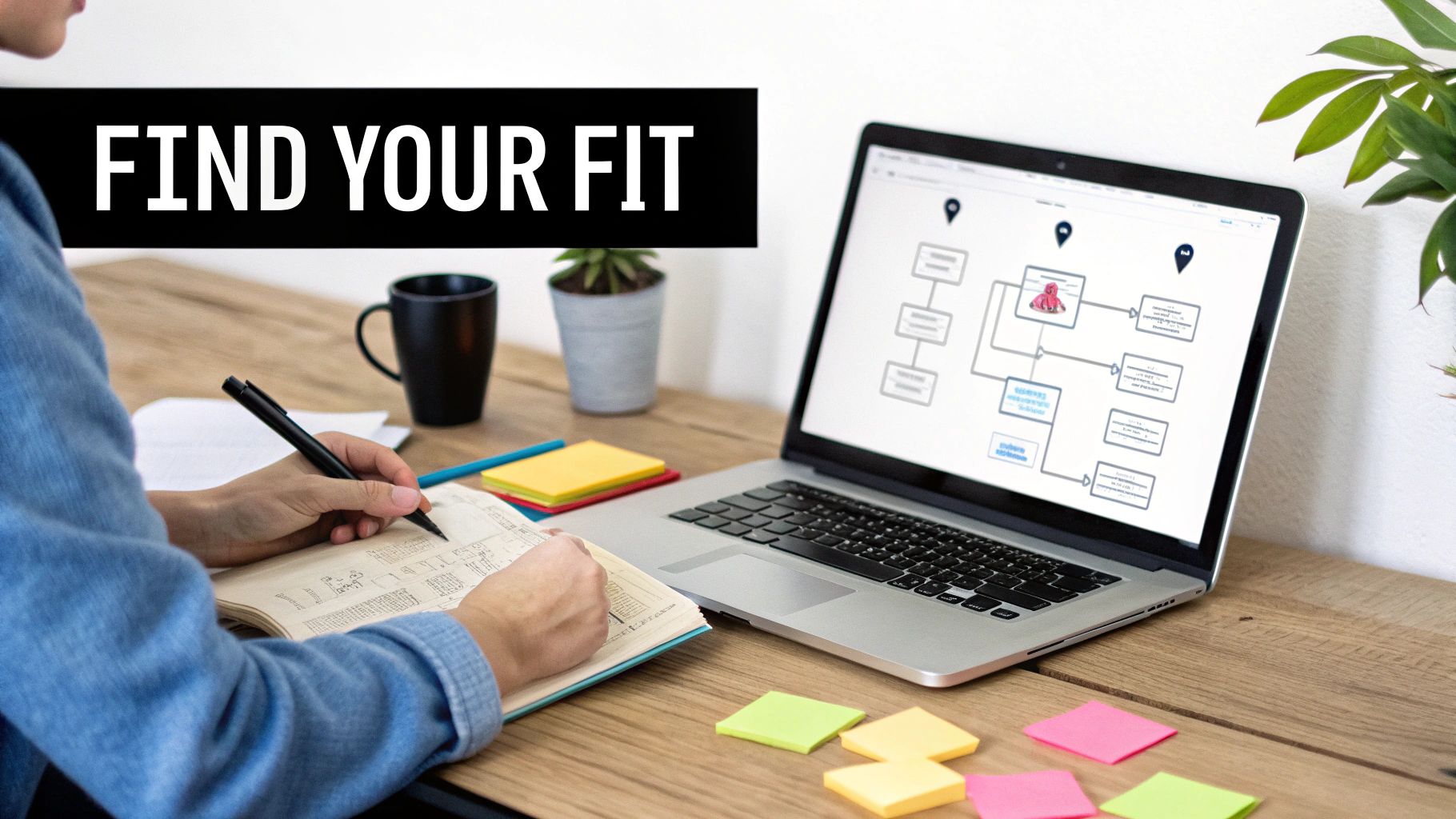 Close-up of a person writing in a notebook next to a laptop displaying a flowchart, with 'FIND YOUR FIT' banner.