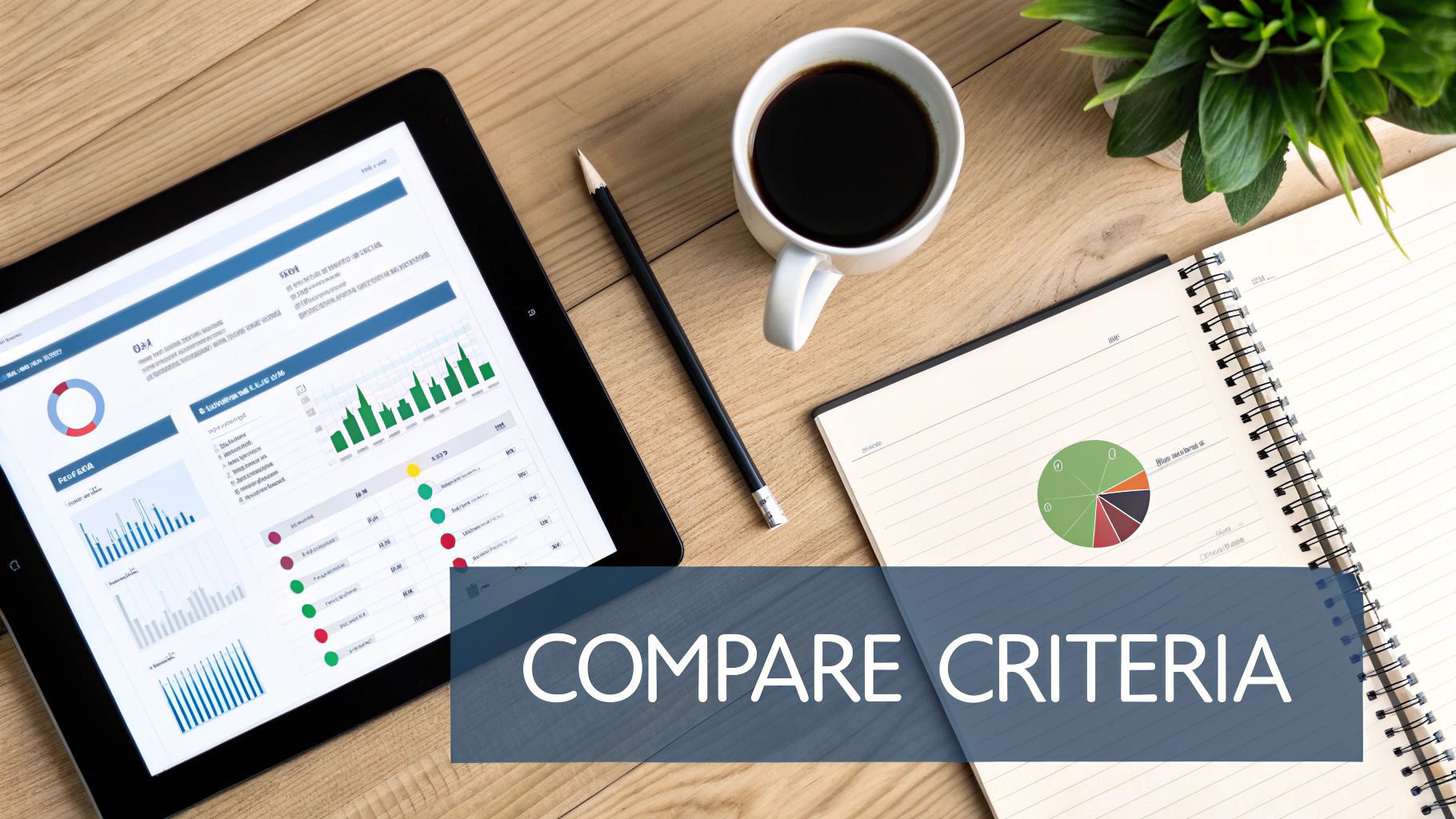 Flat lay of a workspace with a tablet showing data dashboards, coffee, and a notebook with 'COMPARE CRITERIA' text.