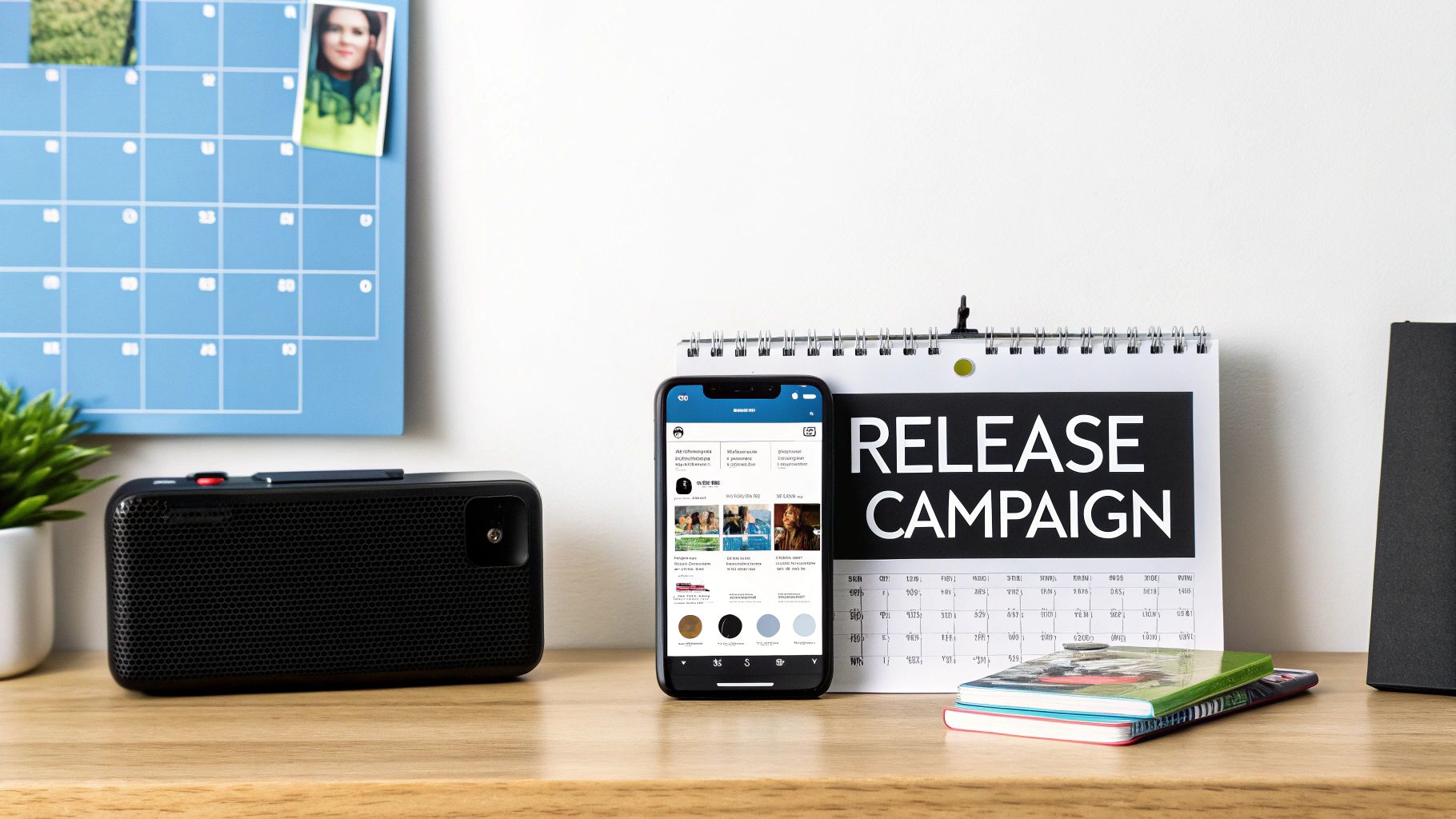 A person planning a music release campaign on a whiteboard with sticky notes