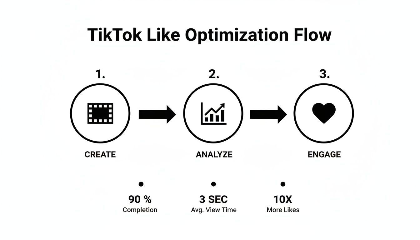 Flowchart showing three steps: Create, Analyze, and Engage, for TikTok like optimization.