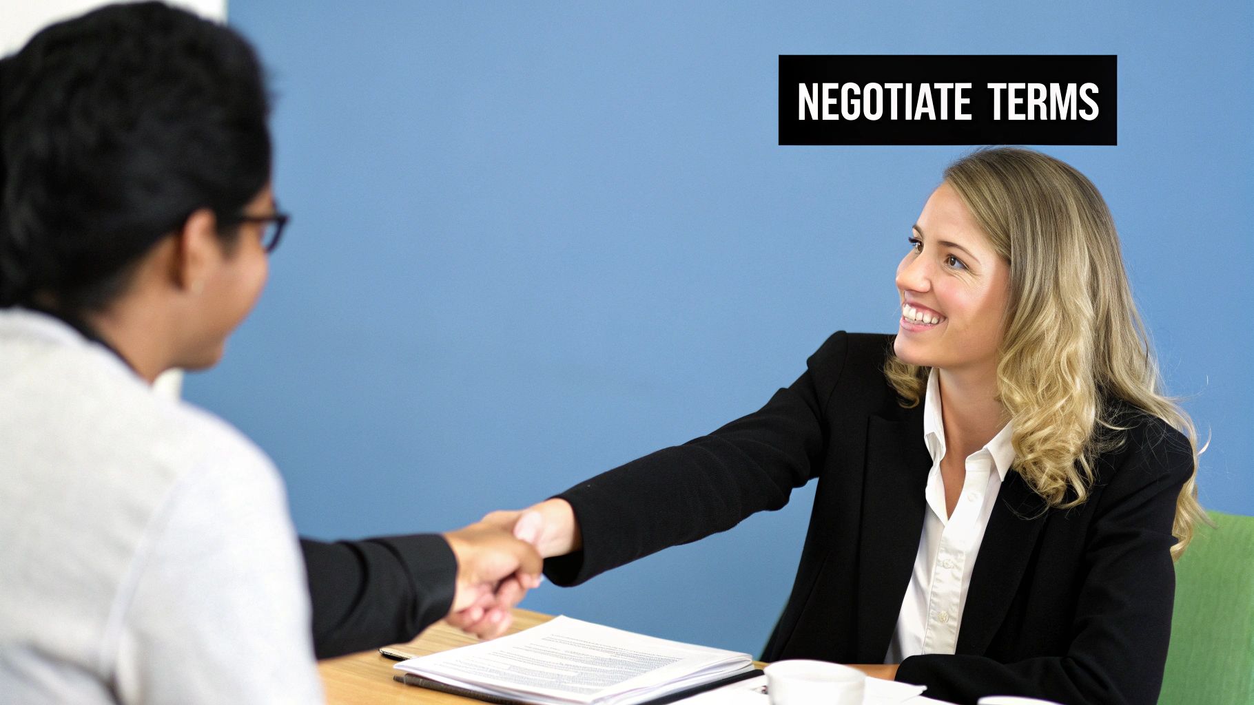 A person in a professional setting shaking hands across a table, symbolizing a successful negotiation.