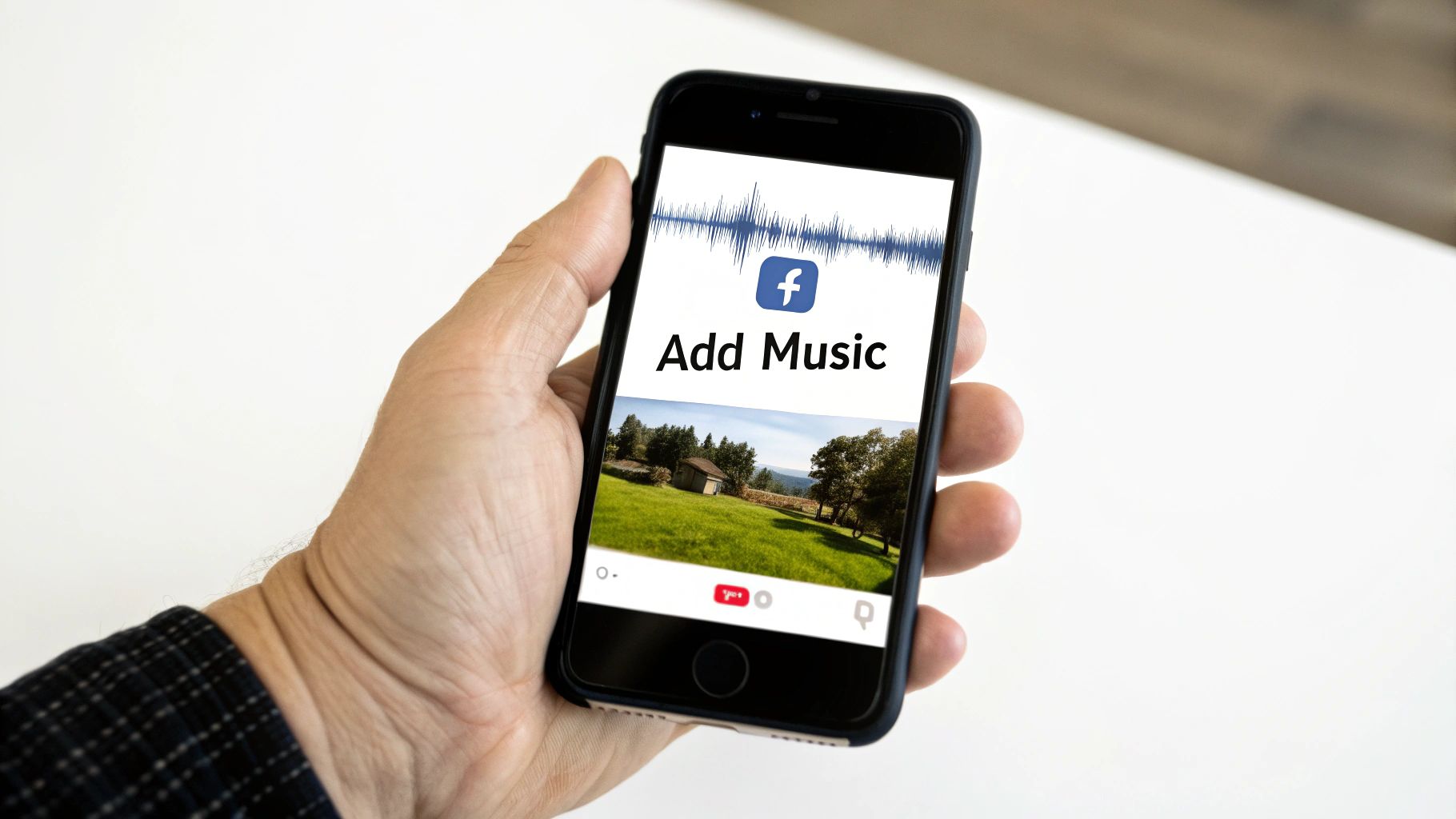 Close-up of a hand holding a smartphone displaying 'Add Music' on Facebook with a landscape image.