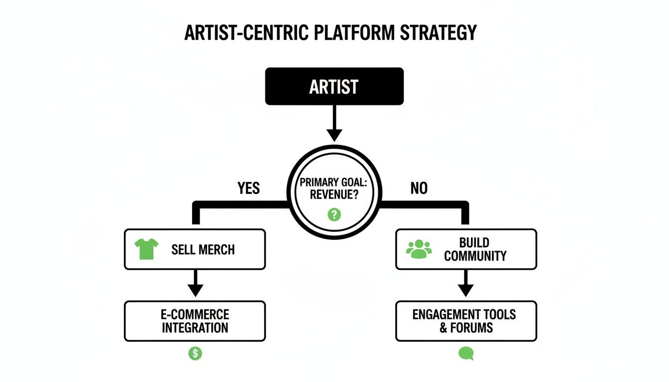 Flowchart showing an artist-centric platform strategy based on primary goals: revenue or community building.
