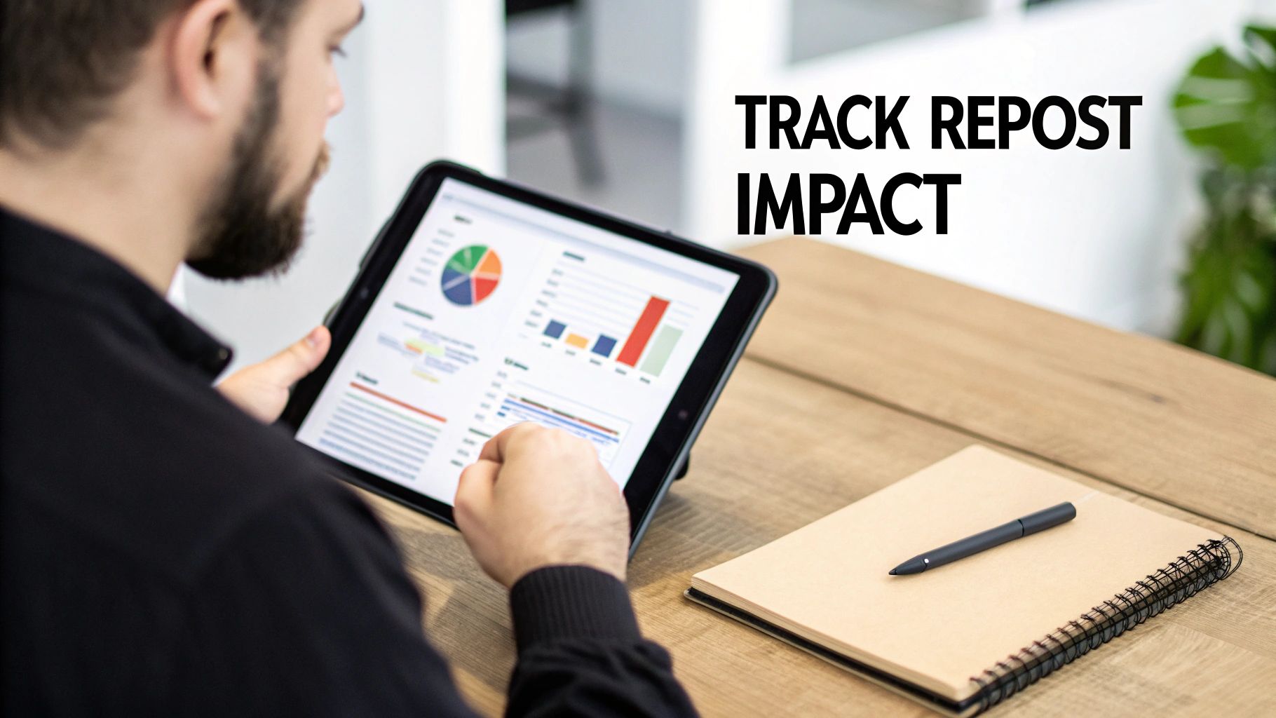 Man tracking repost impact, analyzing charts and graphs on a tablet screen, with a notebook and pen.