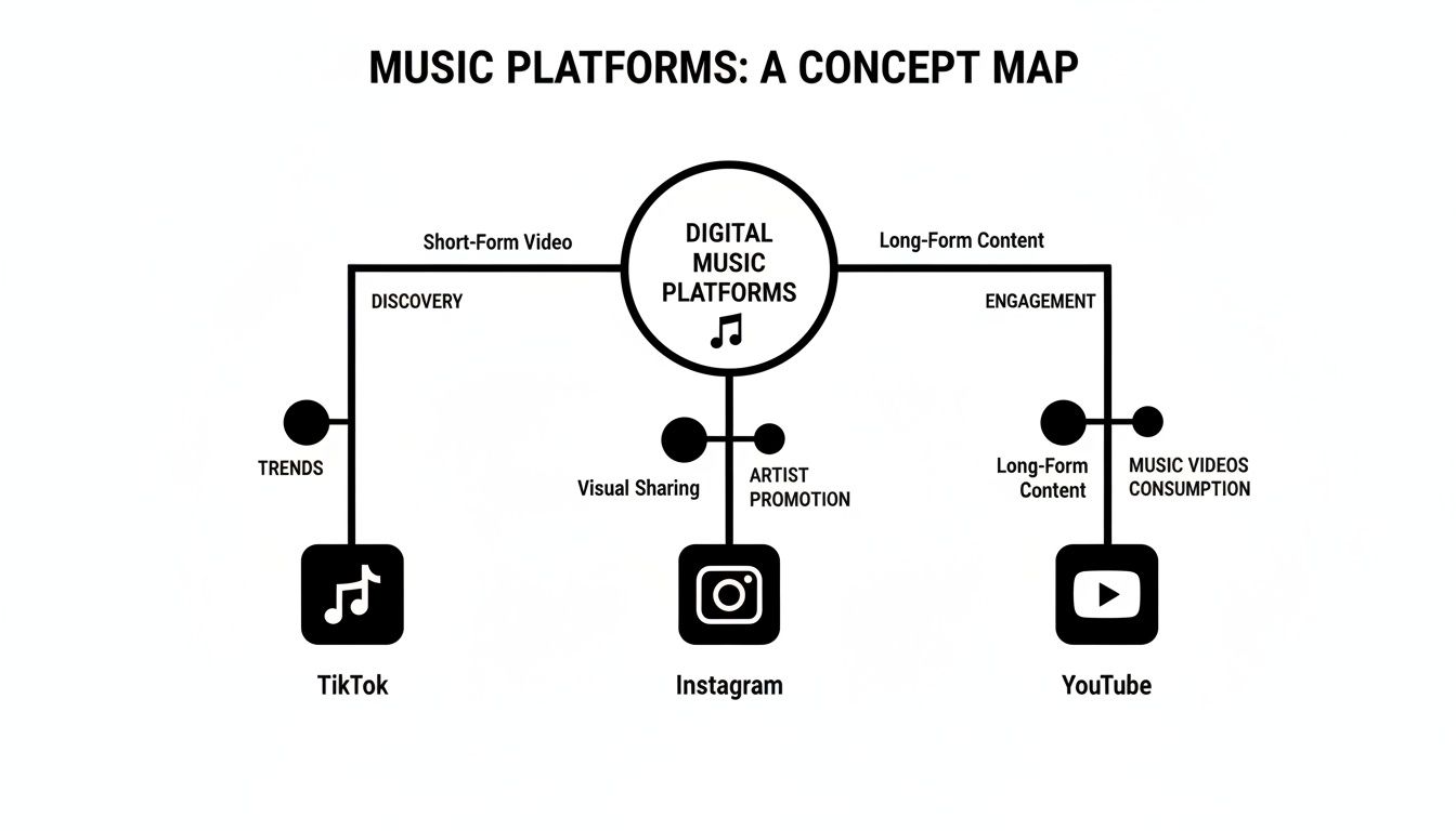 A concept map illustrates digital music platforms TikTok, Instagram, and YouTube's roles in discovery and engagement.