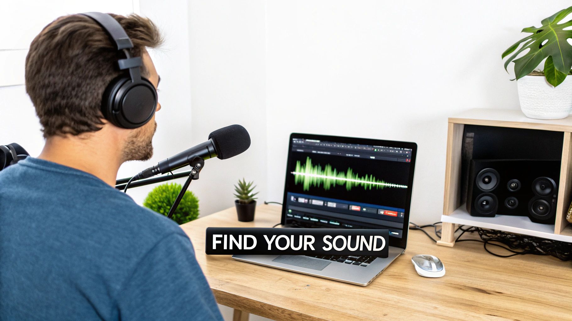 A person wearing headphones and using a microphone, looking at a laptop displaying sound waves with the text 'FIND YOUR SOUND'.