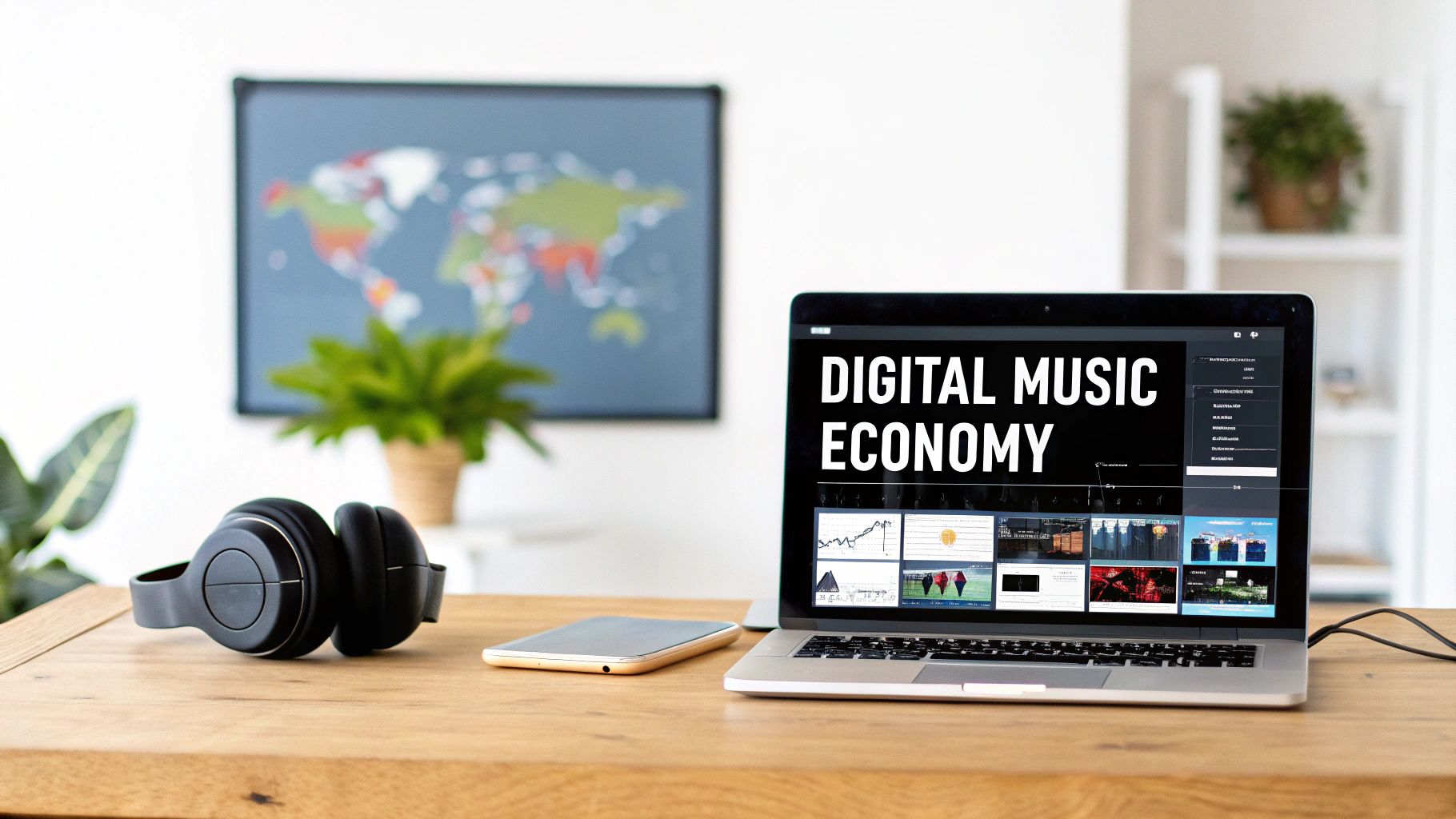 An independent artist working on a laptop in a home studio, surrounded by musical instruments, representing the modern music creation and selling process.