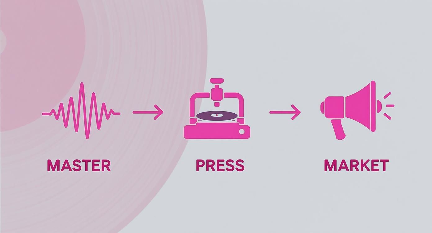 Pink icons illustrate the vinyl record production process: master audio, press records, and market music.