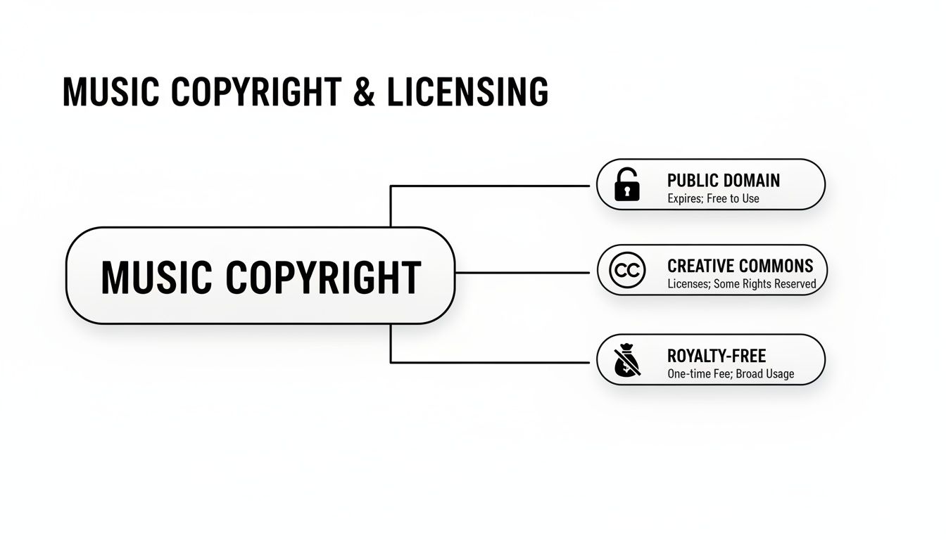 Flowchart illustrating music copyright and licensing types: Public Domain, Creative Commons, and Royalty-Free.