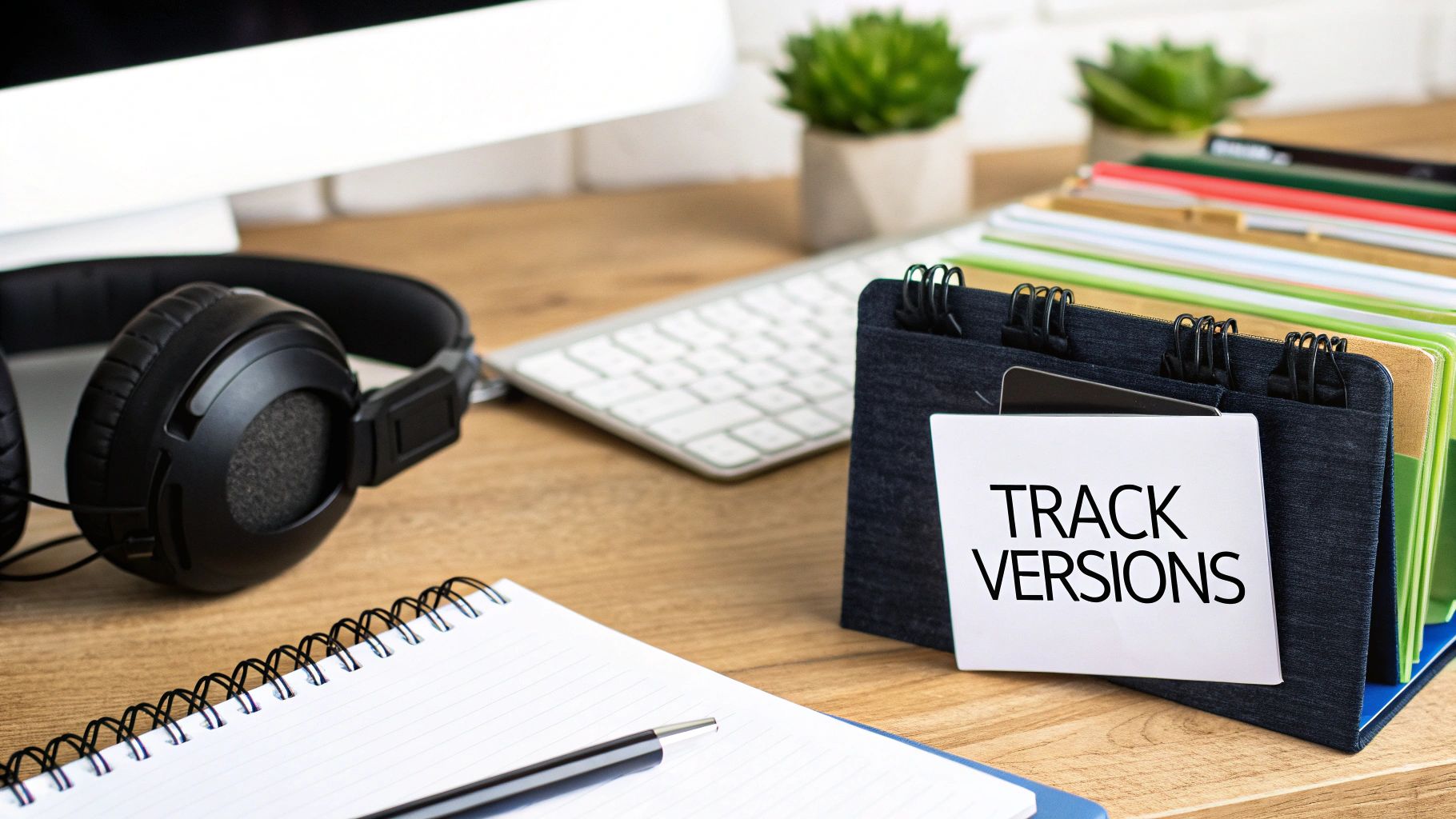 A desk setup featuring headphones, a keyboard, a notebook, and a file folder labeled 'TRACK VERSIONS'.