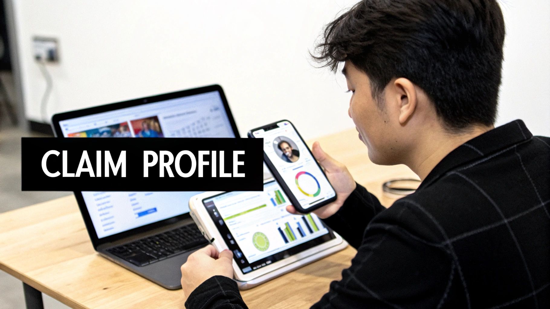 A person reviewing digital data on a smartphone, tablet, and laptop, with 'CLAIM PROFILE' text overlay.