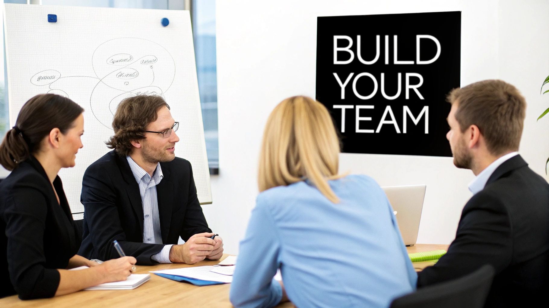 Four professionals in a meeting room, discussing team building concepts with a 'BUILD YOUR TEAM' sign on the wall.